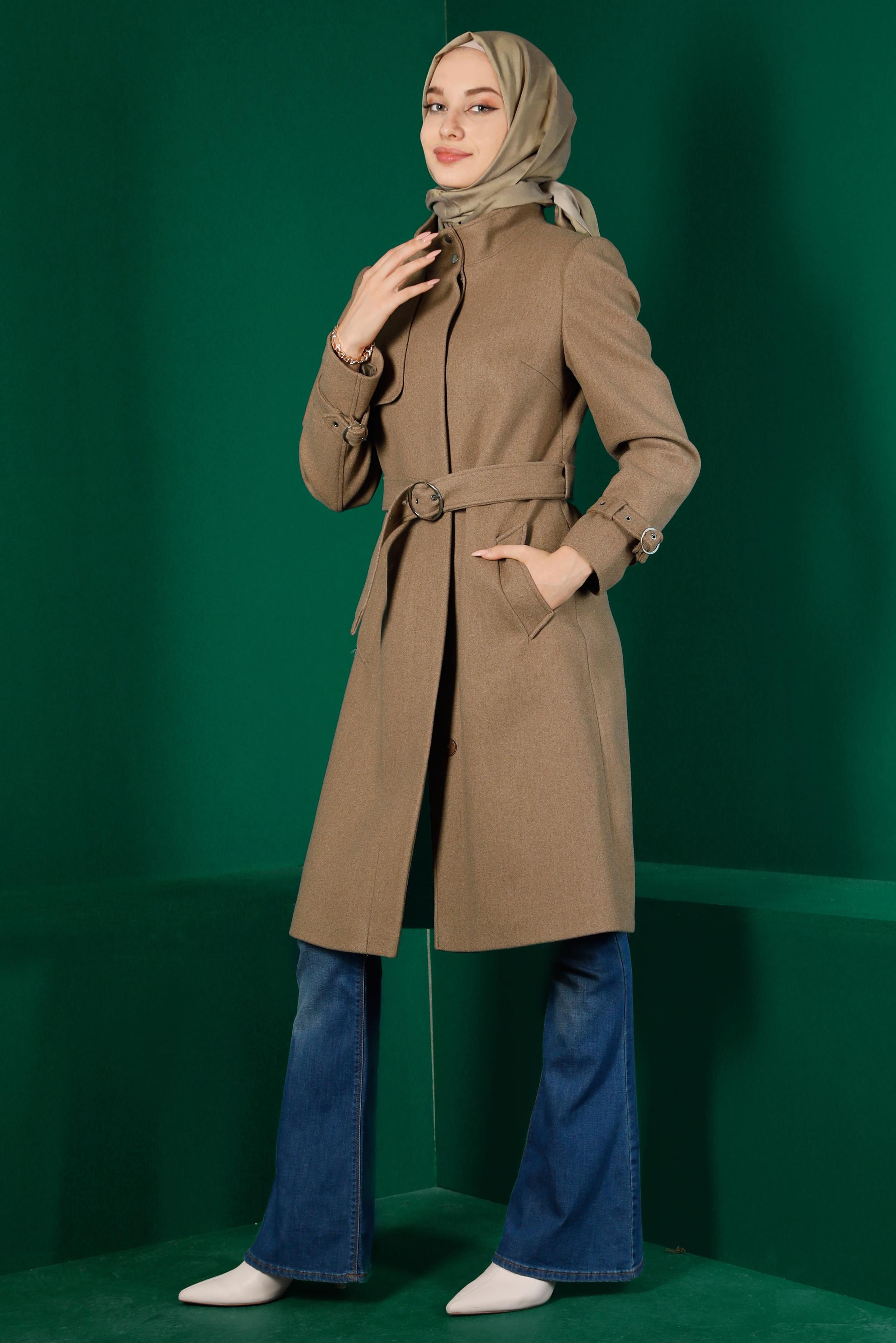Tesettür giyim VİZON KEMERLİ CEPLİ KABAN 90301