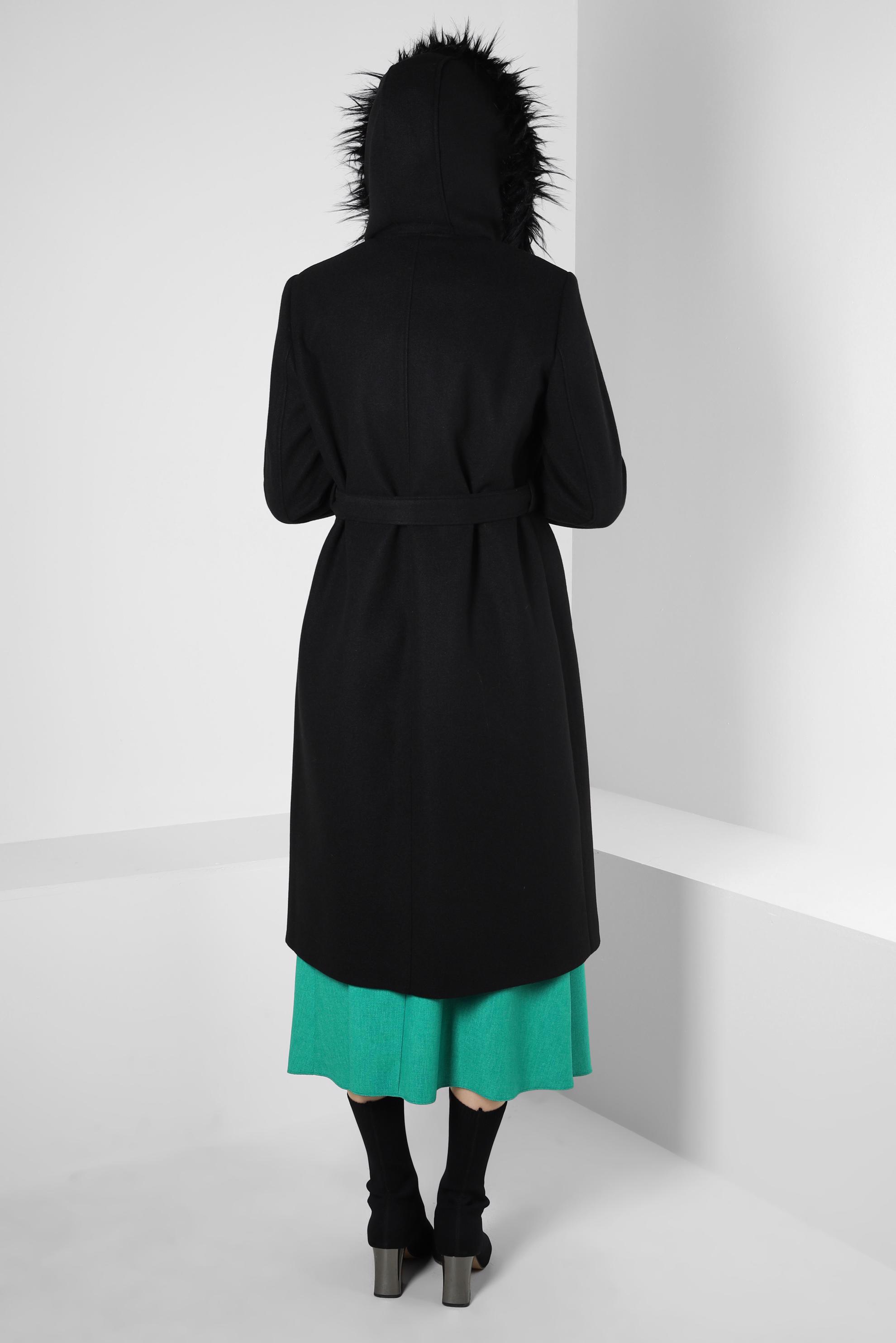 Tesettür giyim SİYAH KAPÜŞONU KÜRKLÜ KUŞAKLI KAŞE KABAN 90302 