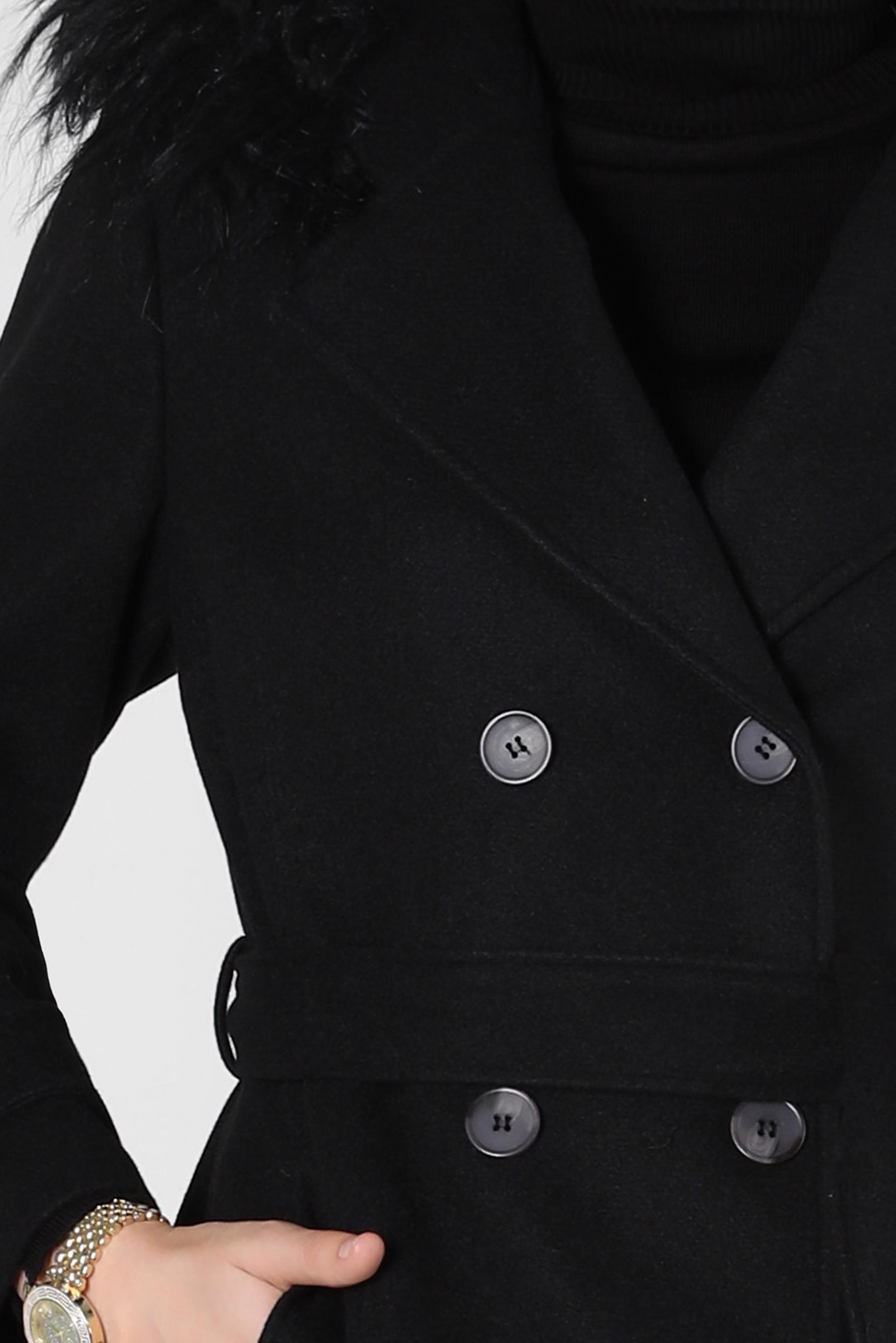 Tesettür giyim SİYAH KAPÜŞONU KÜRKLÜ KUŞAKLI KAŞE KABAN 90302 