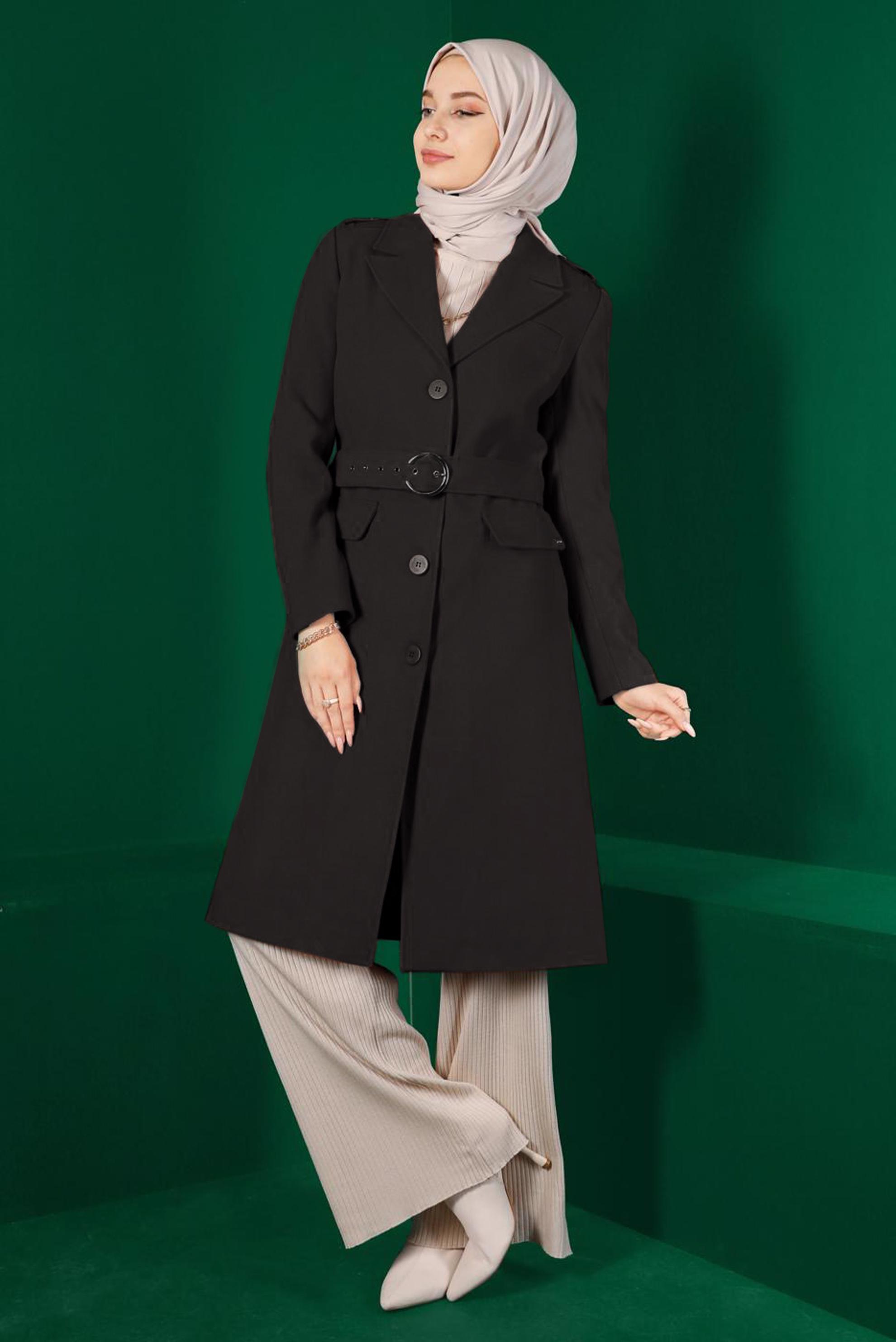 Tesettür giyim SİYAH KEMERLİ DÜĞMELİ KABAN 90303 