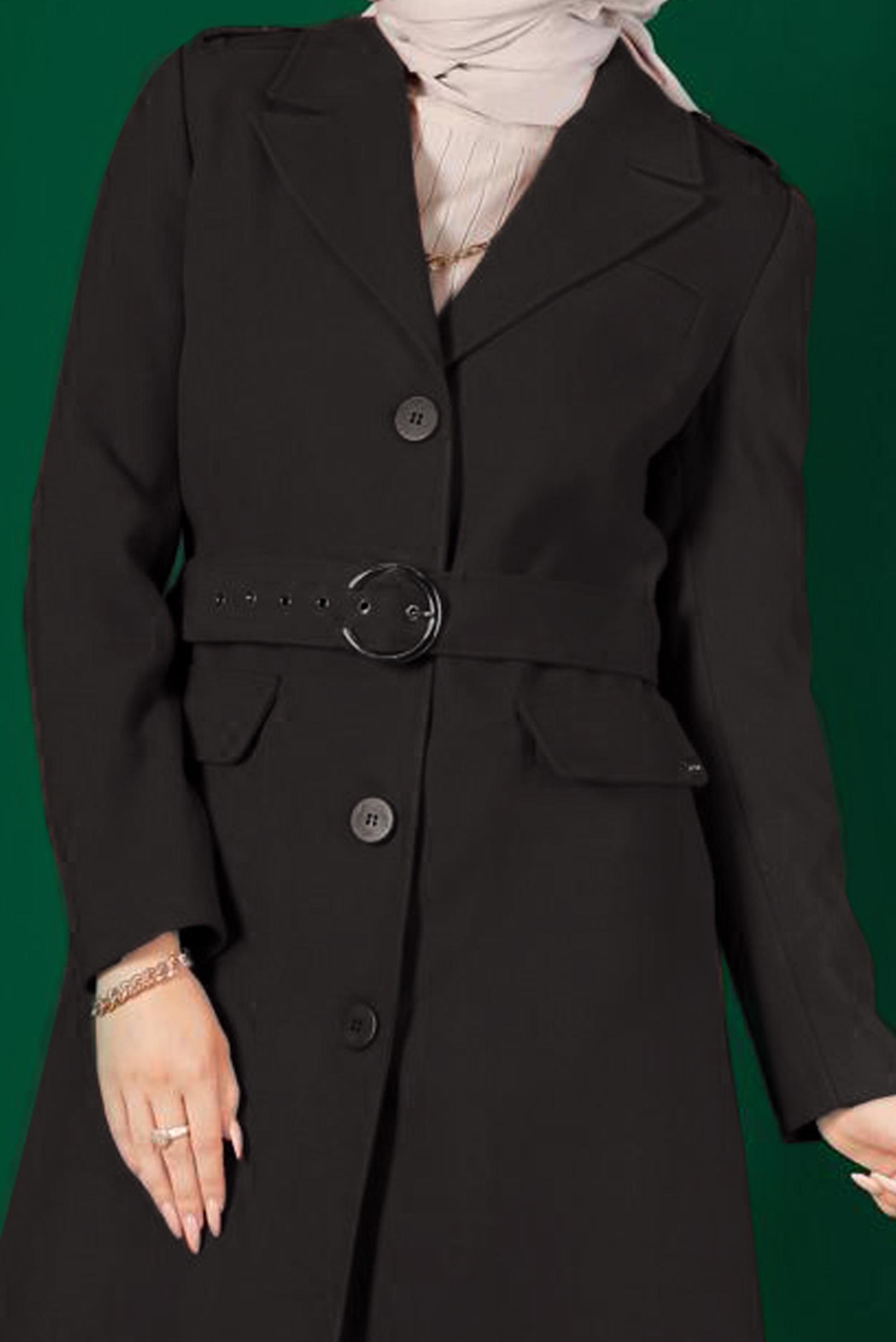 Tesettür giyim SİYAH KEMERLİ DÜĞMELİ KABAN 90303 