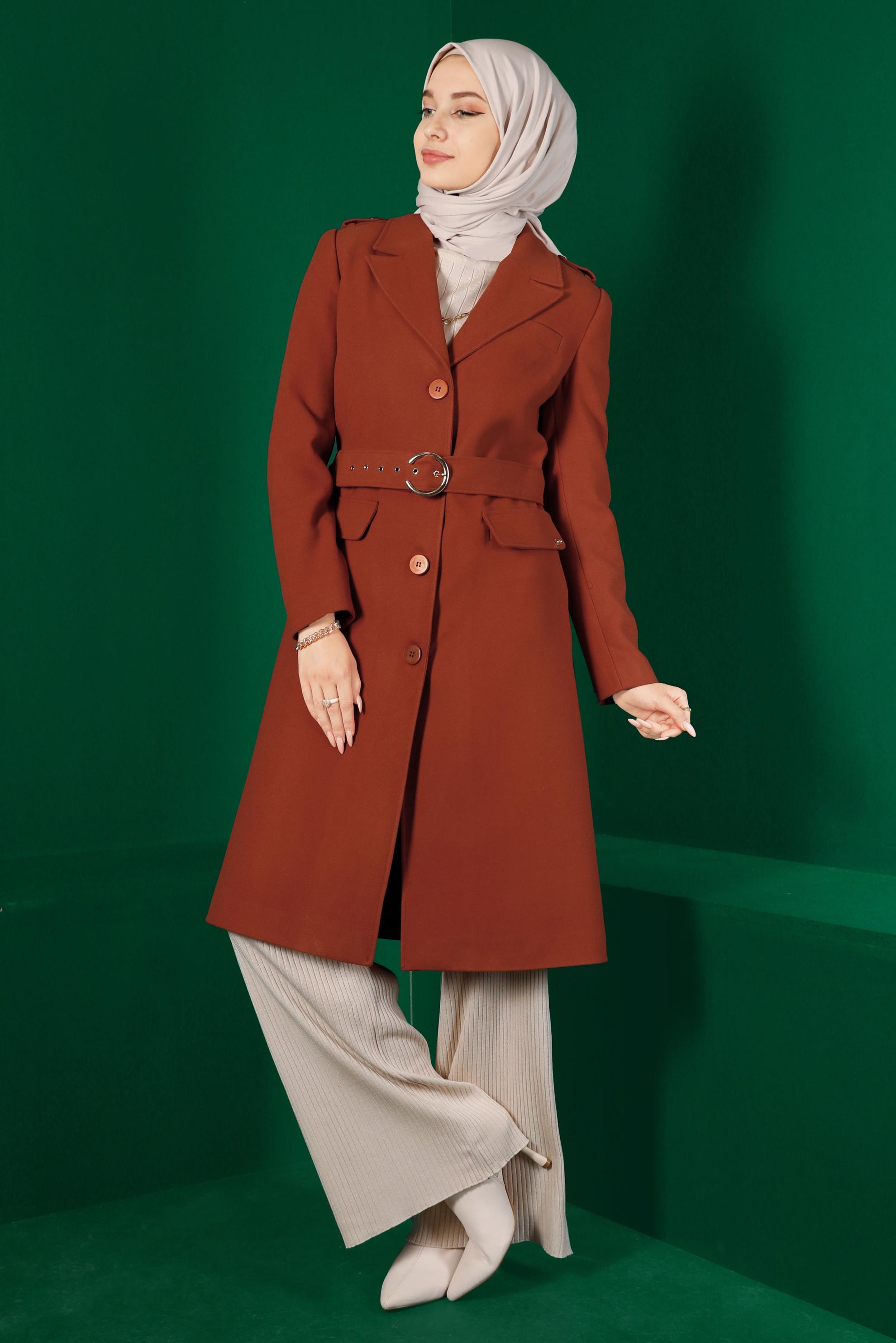 Tesettür giyim TURUNCU KEMERLİ DÜĞMELİ KABAN 90303 