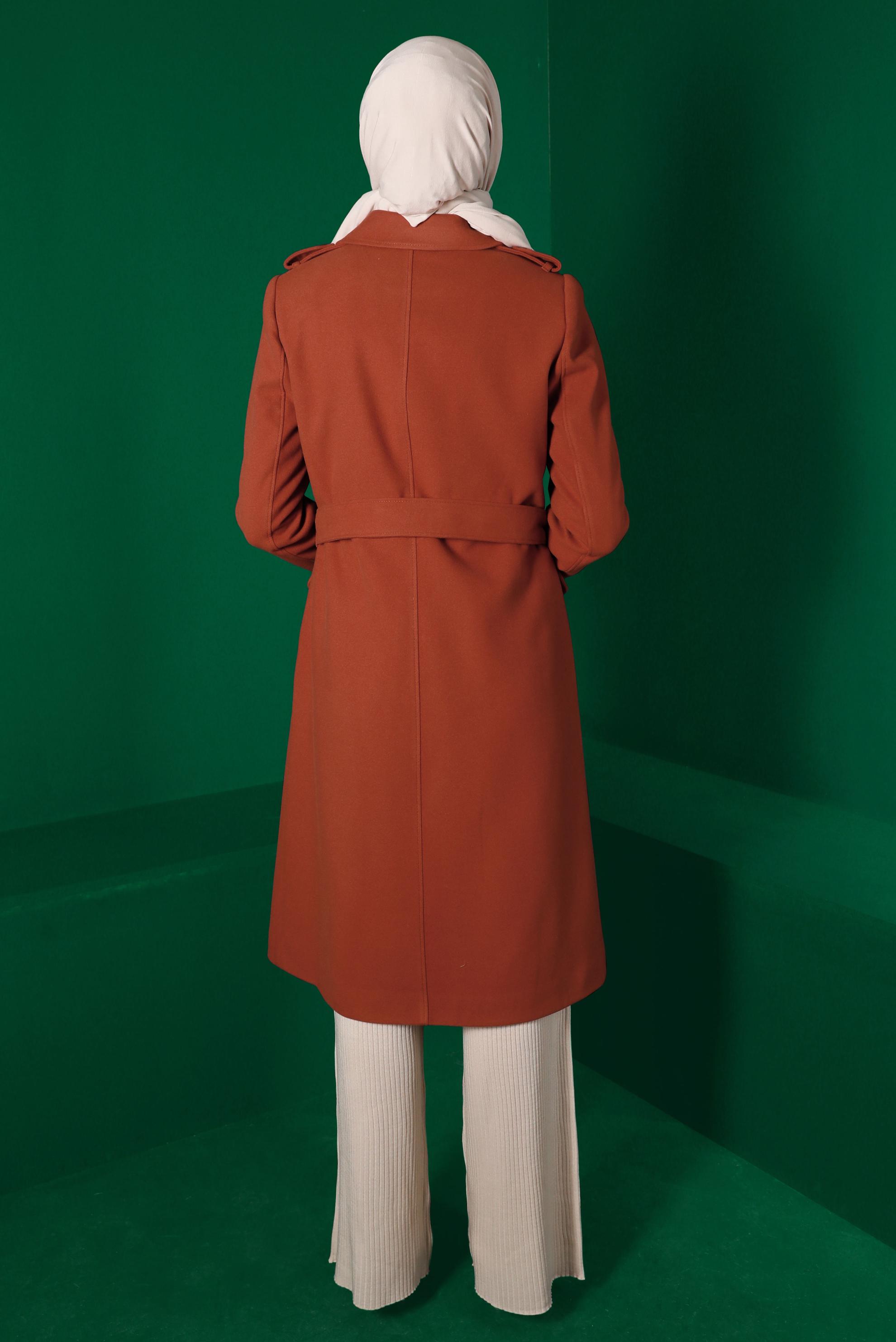 Tesettür giyim TURUNCU KEMERLİ DÜĞMELİ KABAN 90303 