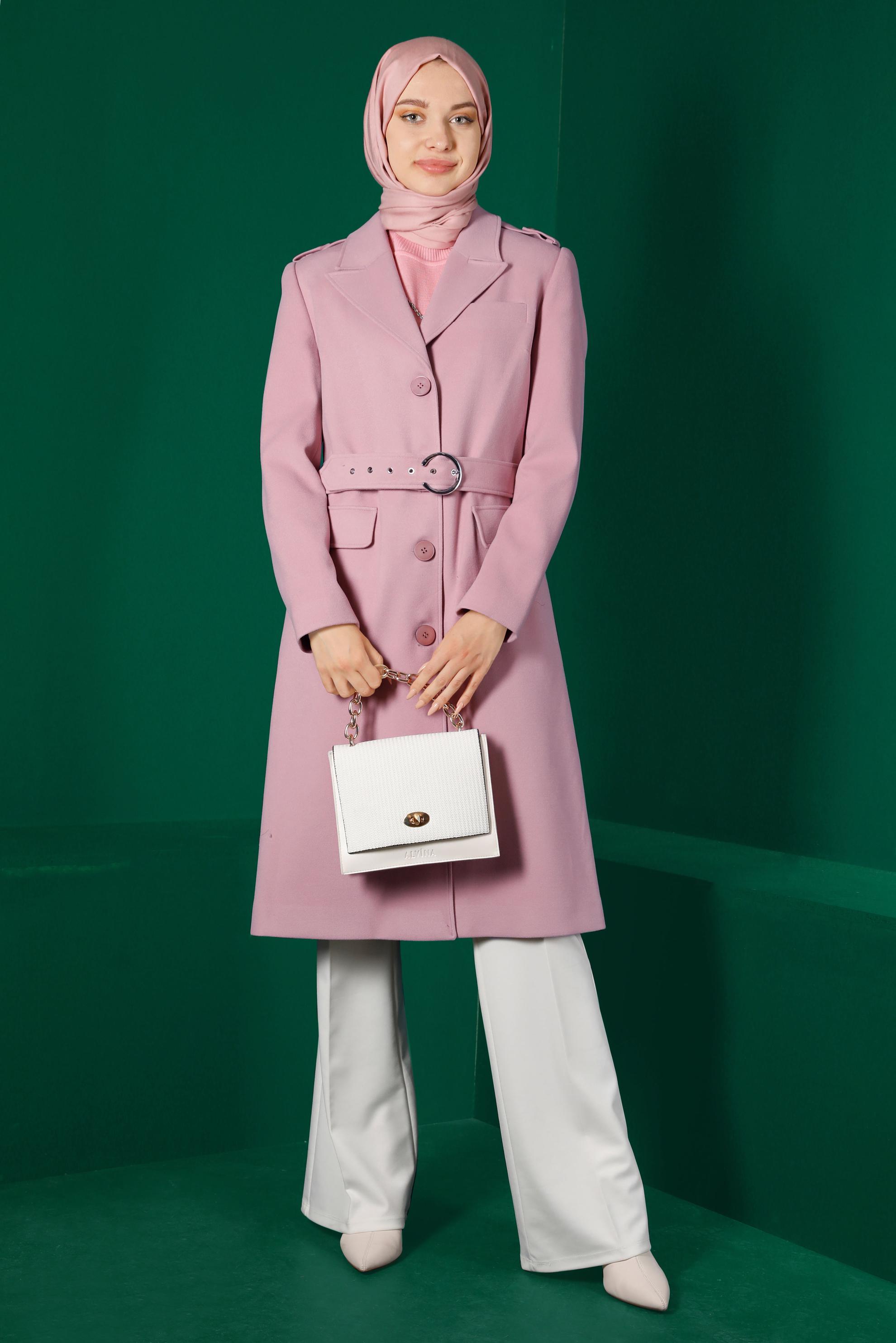 Tesettür giyim PUDRA KEMERLİ DÜĞMELİ KABAN 90303 