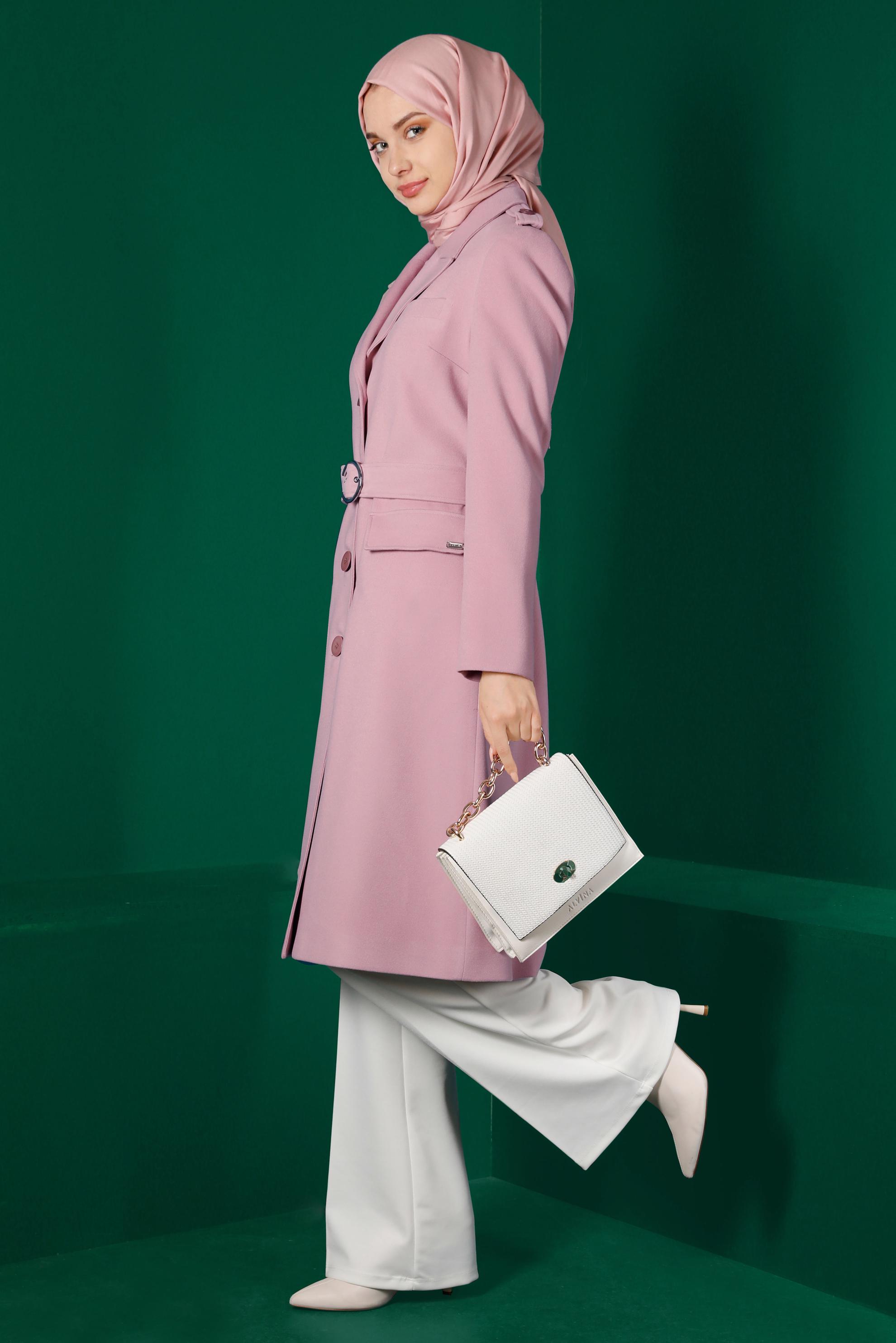 Tesettür giyim PUDRA KEMERLİ DÜĞMELİ KABAN 90303 