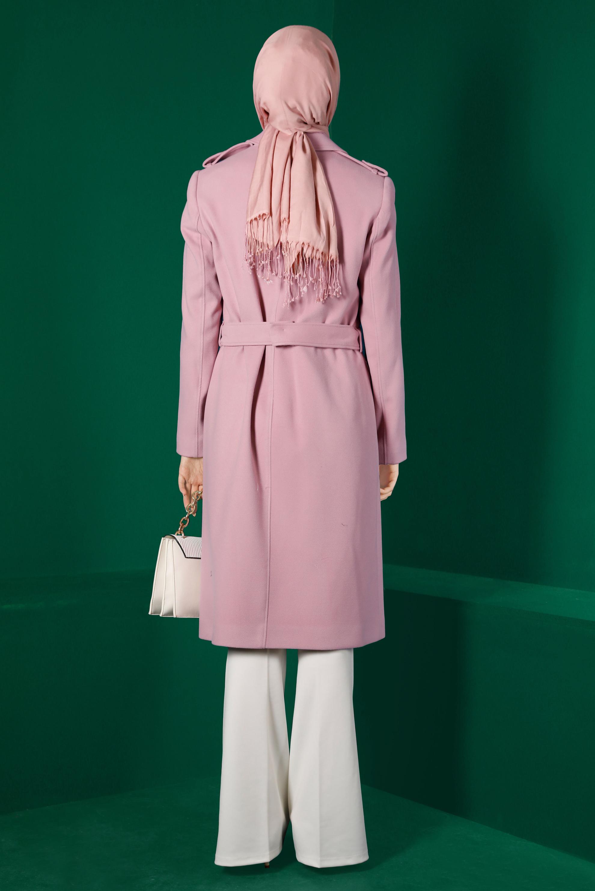 Tesettür giyim PUDRA KEMERLİ DÜĞMELİ KABAN 90303 