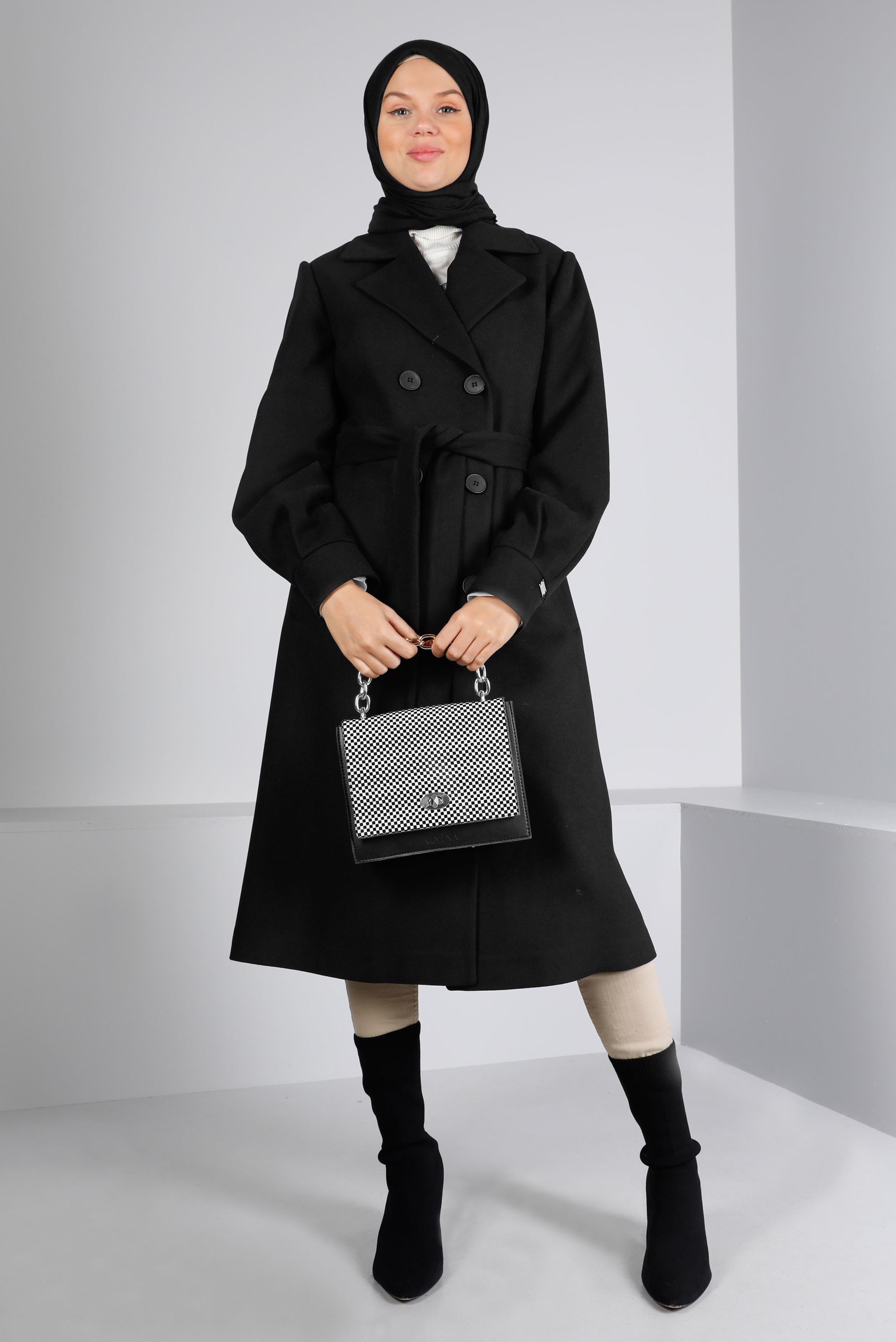 Tesettür giyim SİYAH KRUVAZE YAKA KUŞAKLI KABAN 90305 