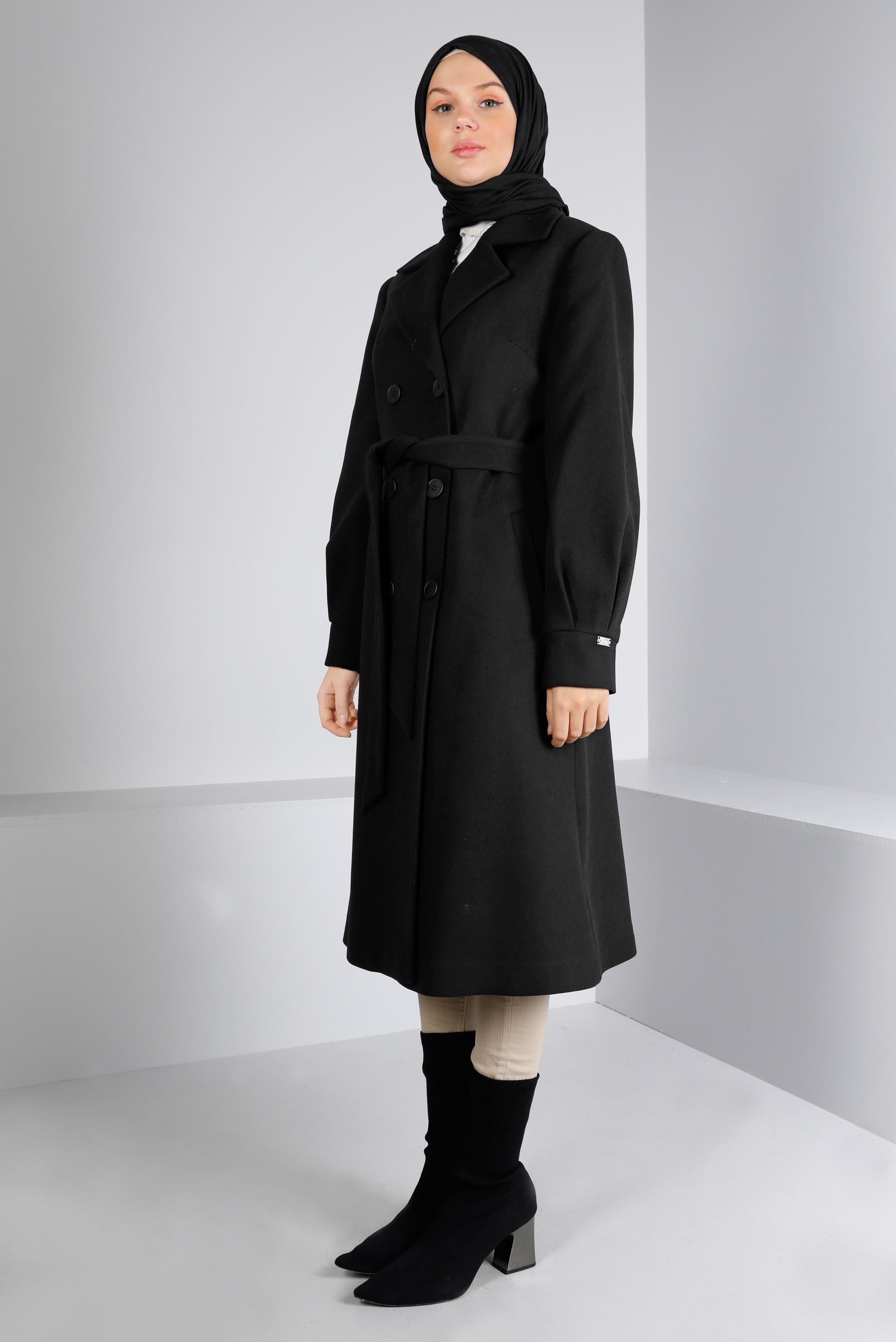 Tesettür giyim SİYAH KRUVAZE YAKA KUŞAKLI KABAN 90305 