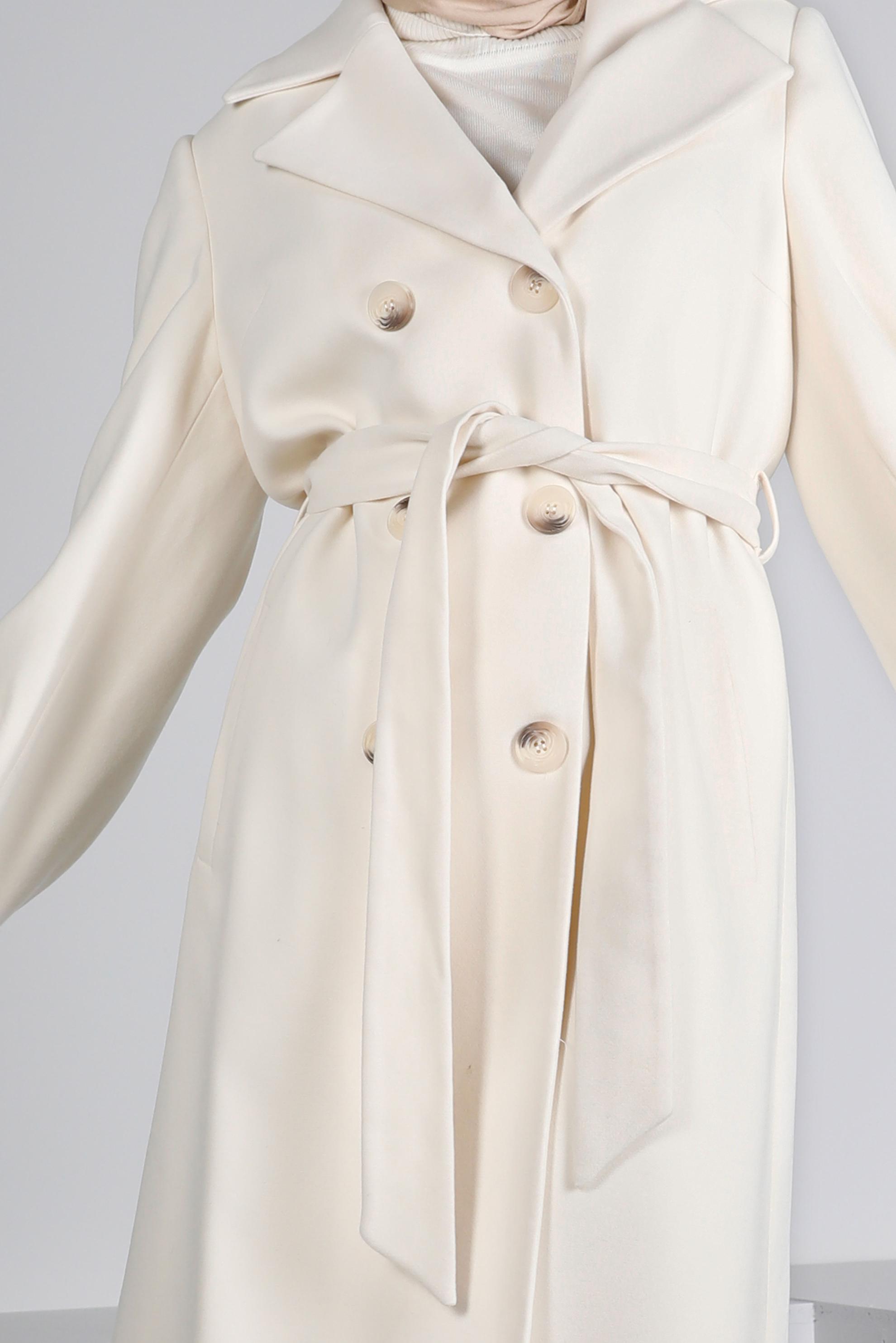 Tesettür giyim BEYAZ KRUVAZE YAKA KUŞAKLI KABAN 90305 