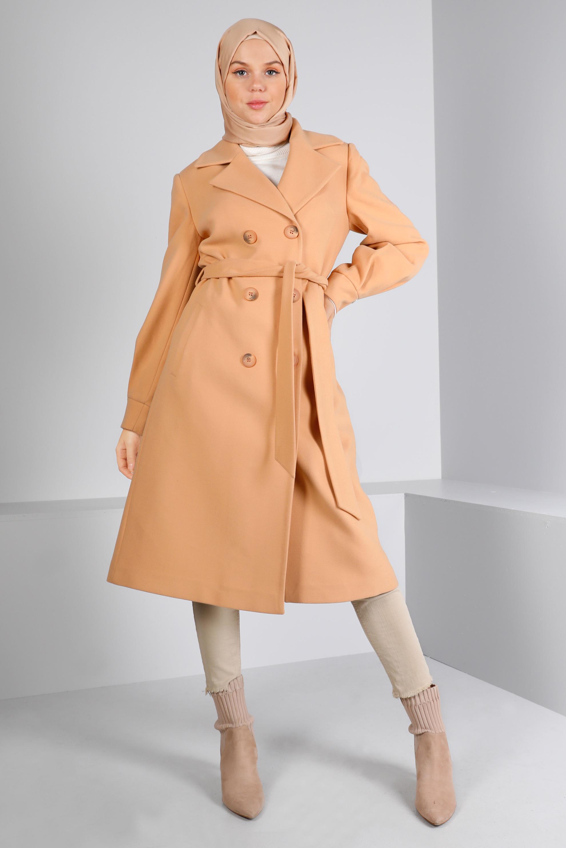 Tesettür giyim KAHVE KRUVAZE YAKA KUŞAKLI KABAN 90305 