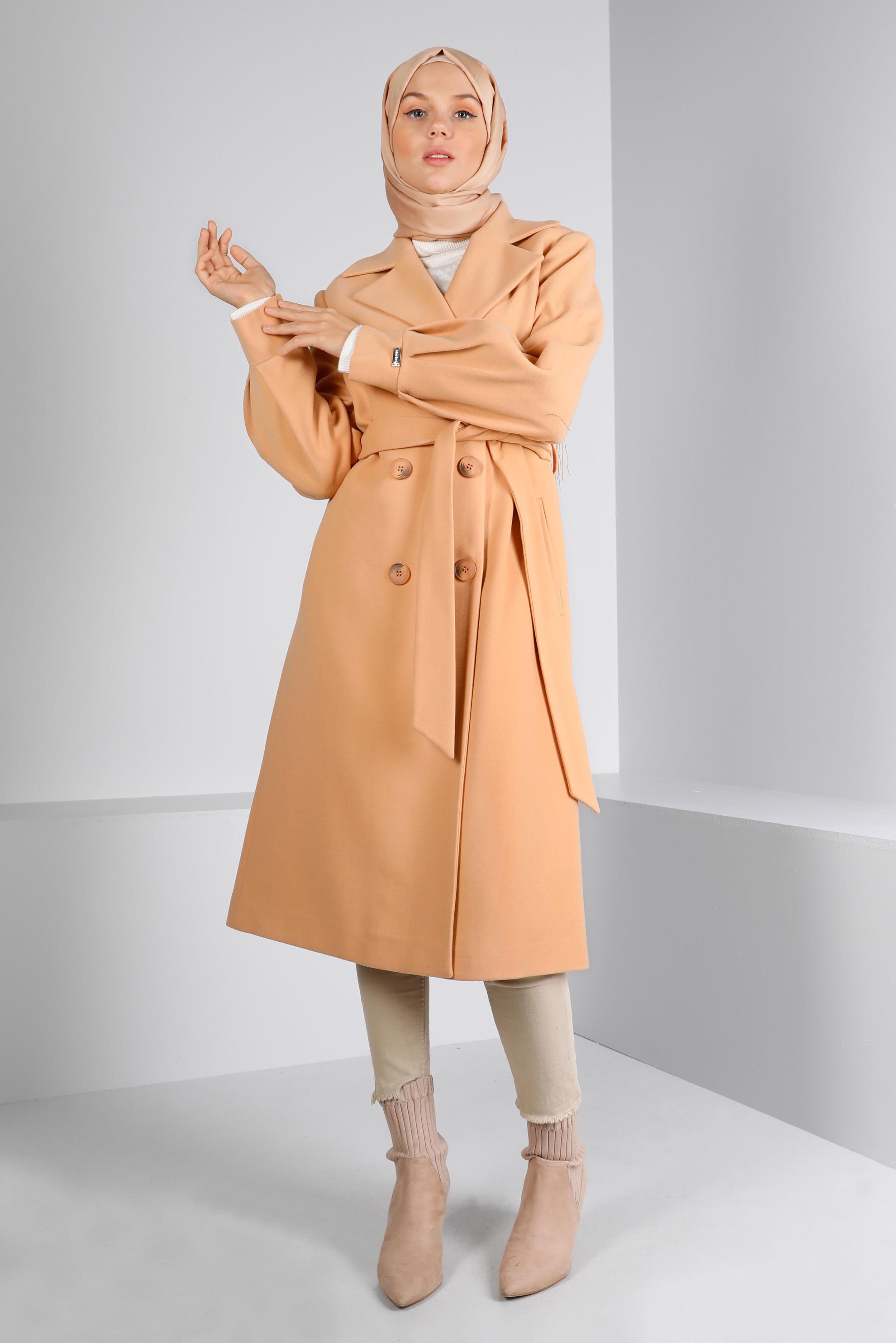 Tesettür giyim KAHVE KRUVAZE YAKA KUŞAKLI KABAN 90305 