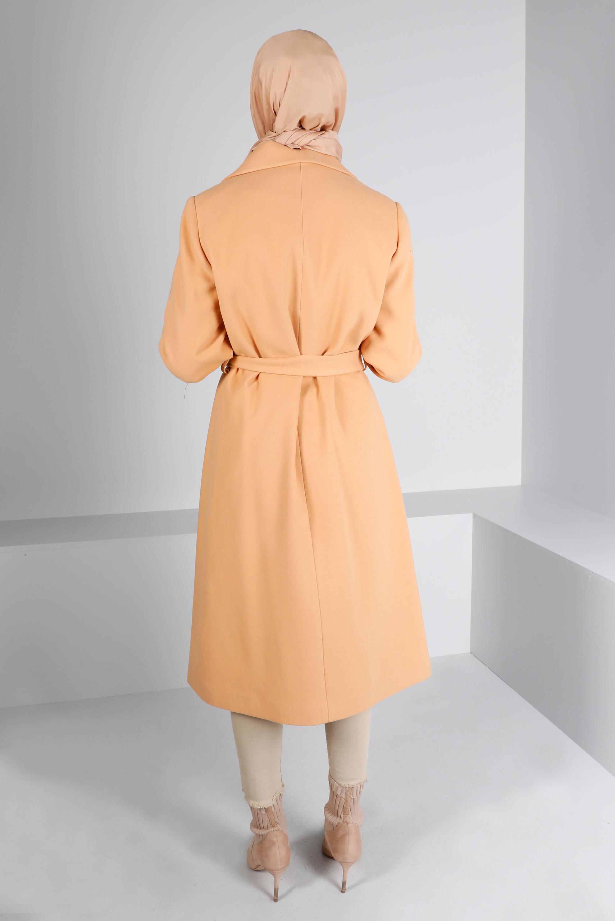 Tesettür giyim KAHVE KRUVAZE YAKA KUŞAKLI KABAN 90305 