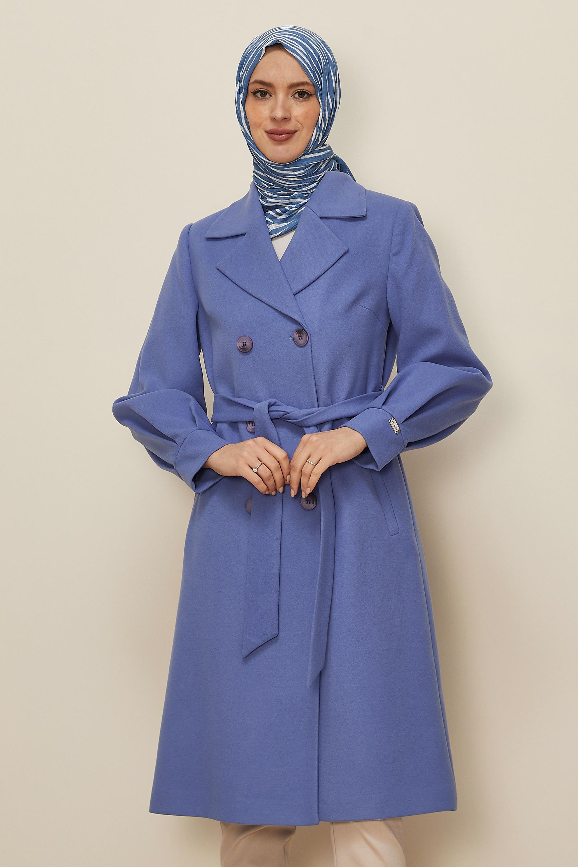 Hijab clothing BLUE DOUBLE BREASTED BELTED COAT 90305 