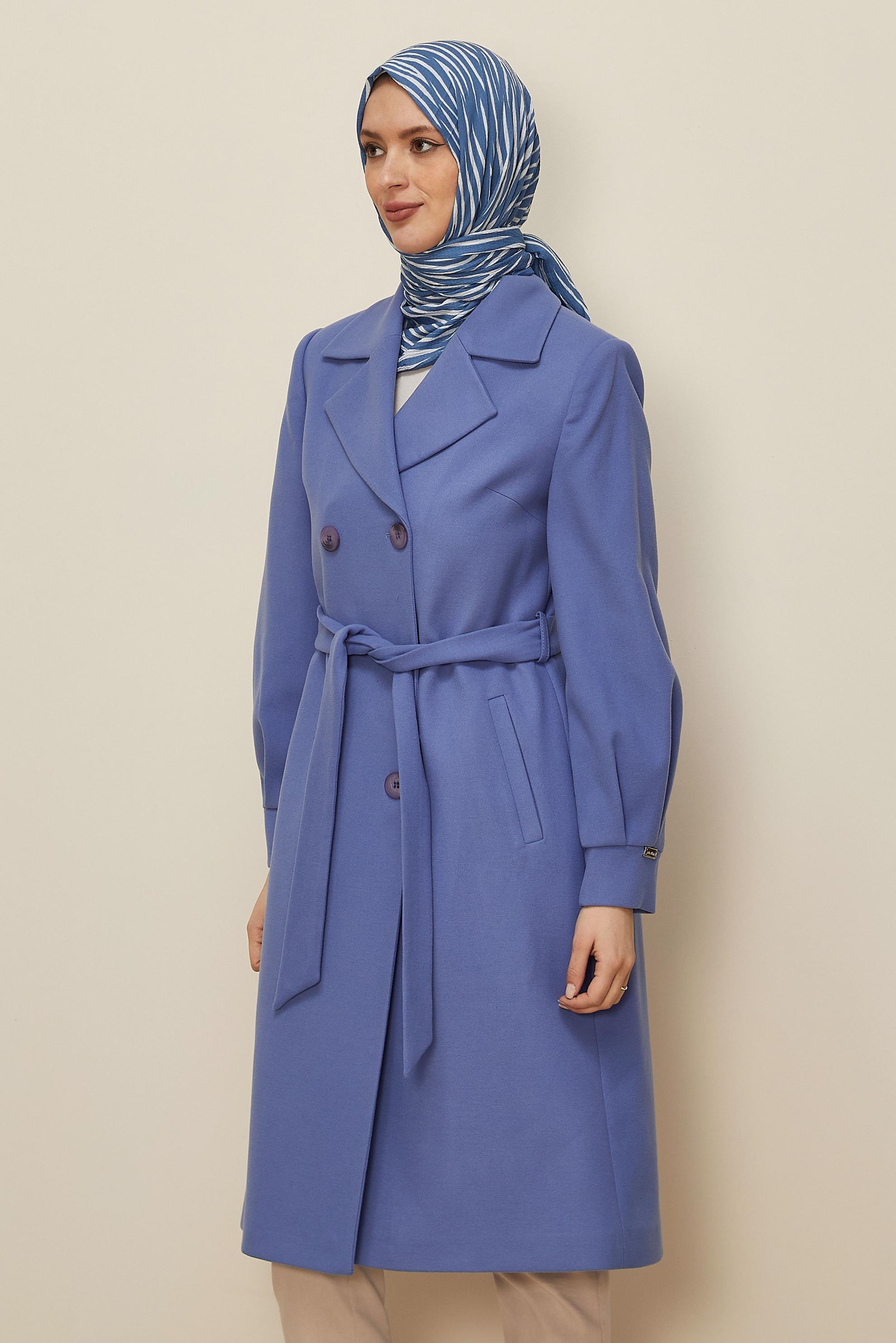 Hijab clothing BLUE DOUBLE BREASTED BELTED COAT 90305 