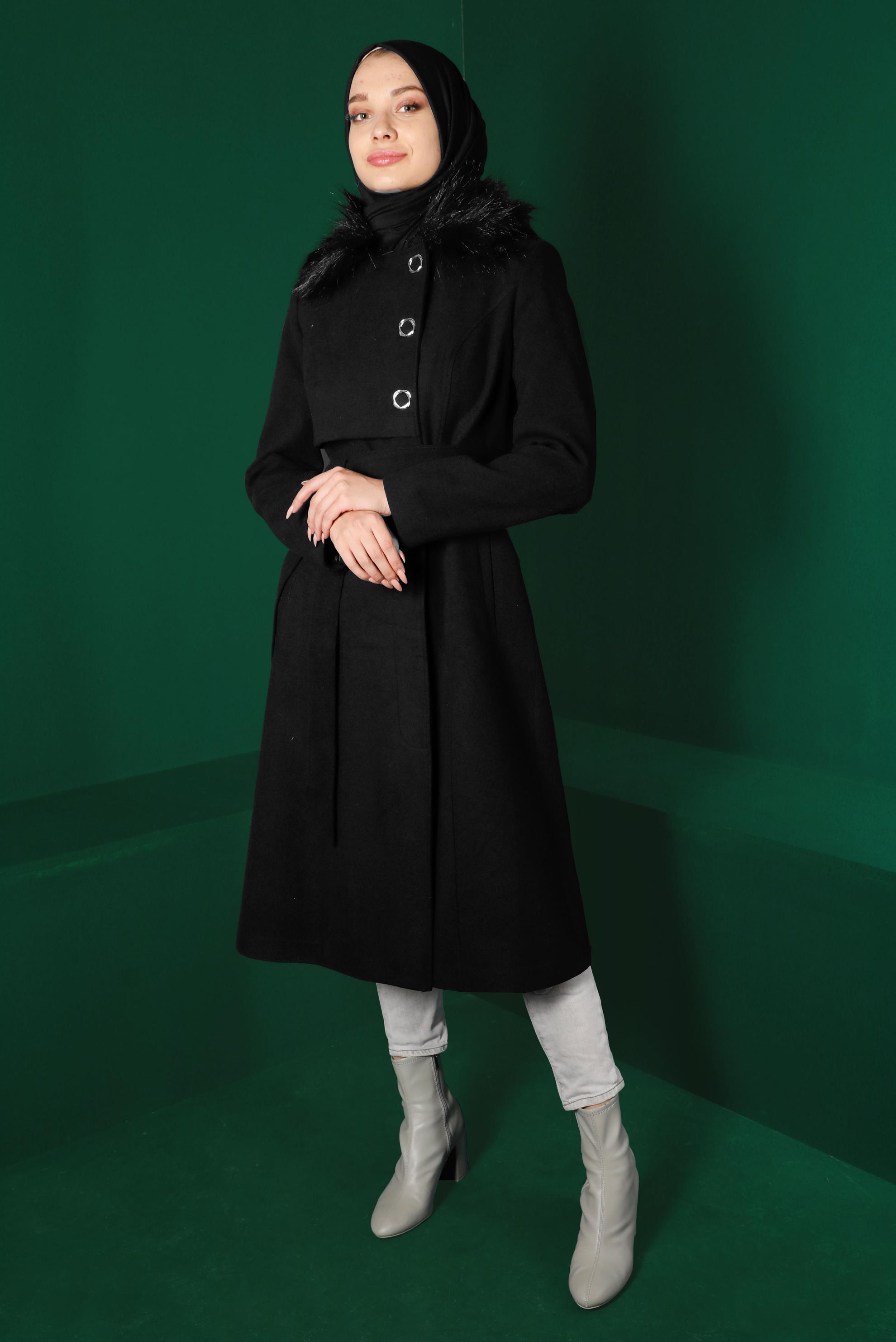 Tesettür giyim SİYAH KÜRK DETAYLI KUŞAKLI KABAN 90306 