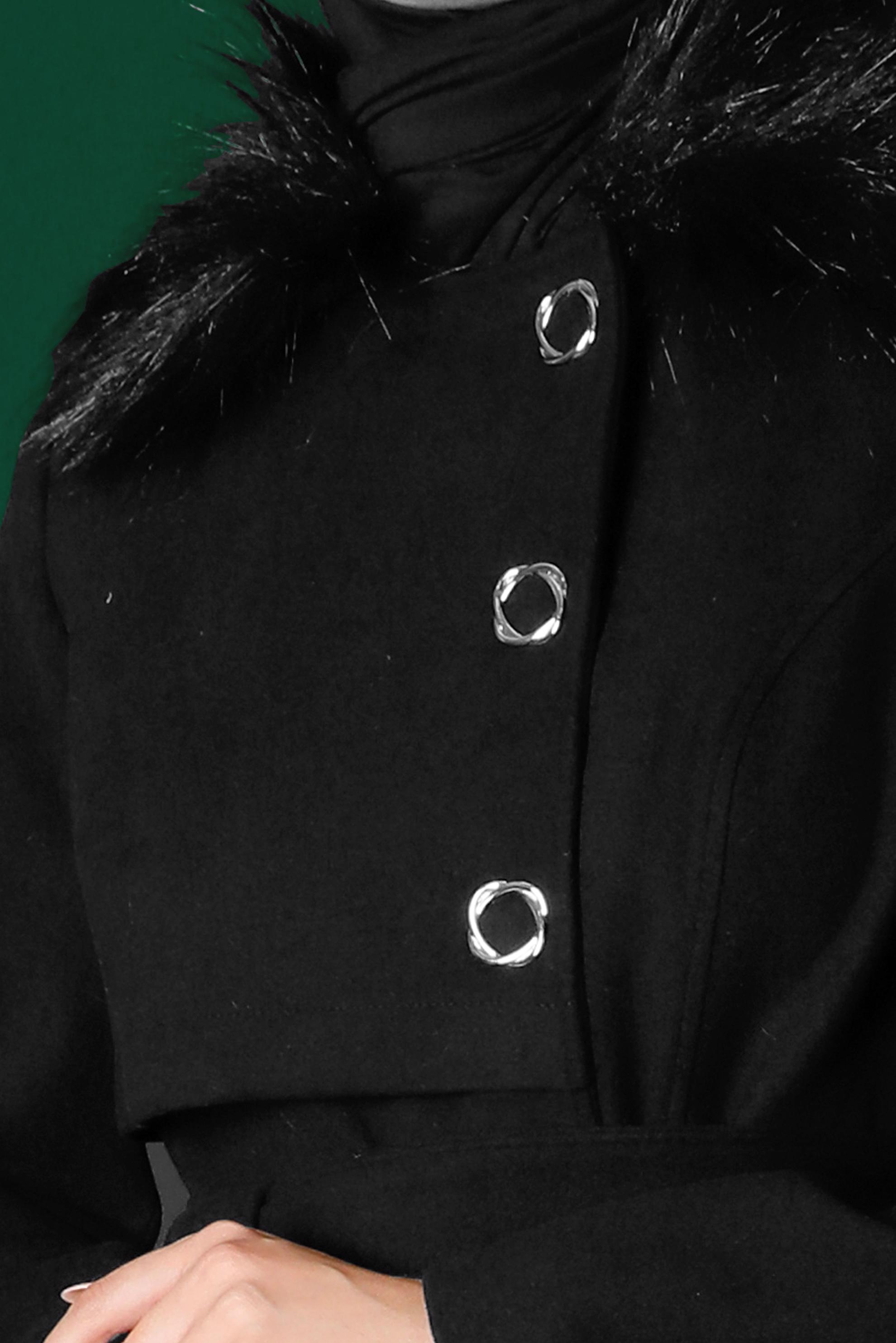 Tesettür giyim SİYAH KÜRK DETAYLI KUŞAKLI KABAN 90306 