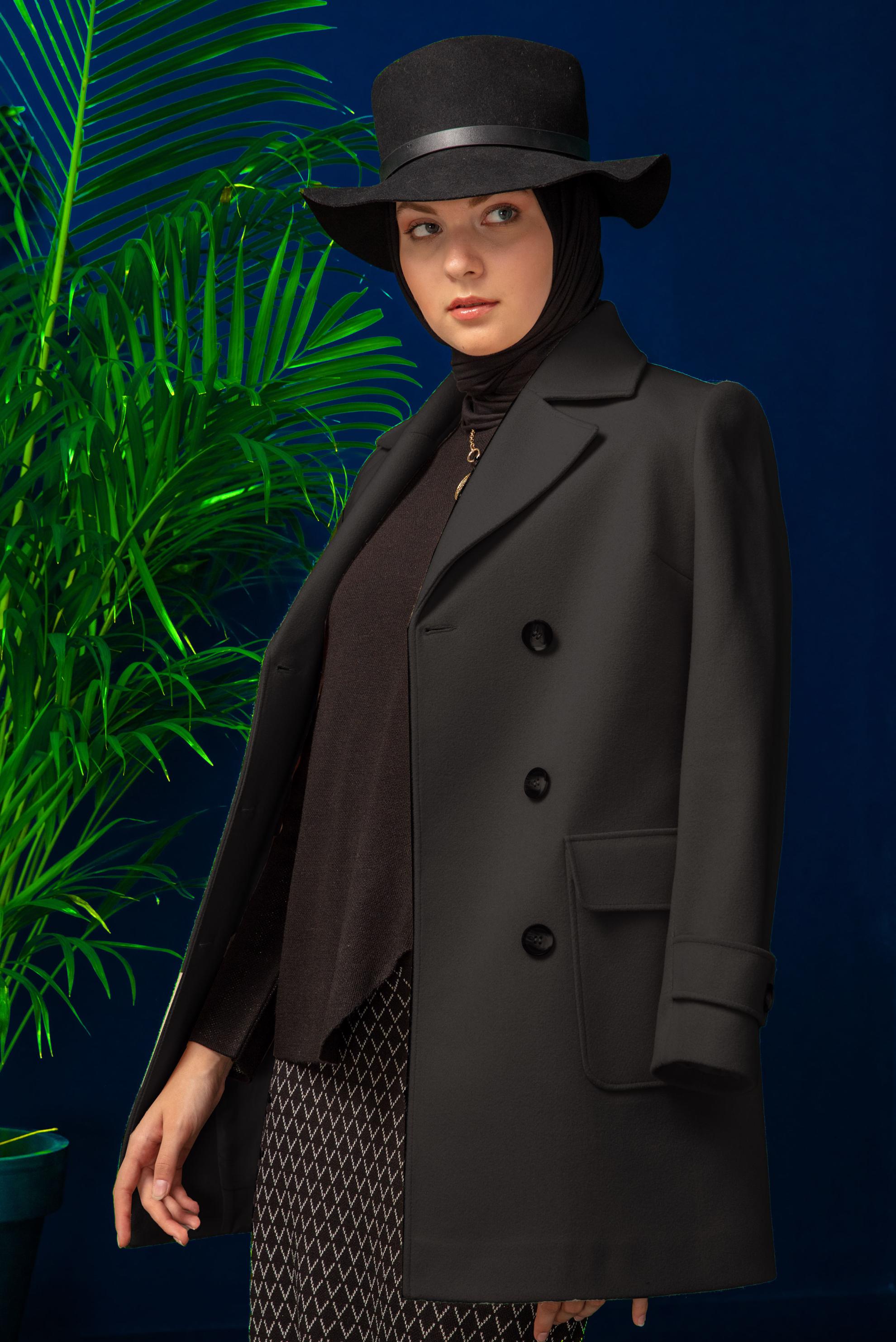 Tesettür giyim SİYAH DÜĞMELİ CEPLİ KLASİK KABAN 90308 