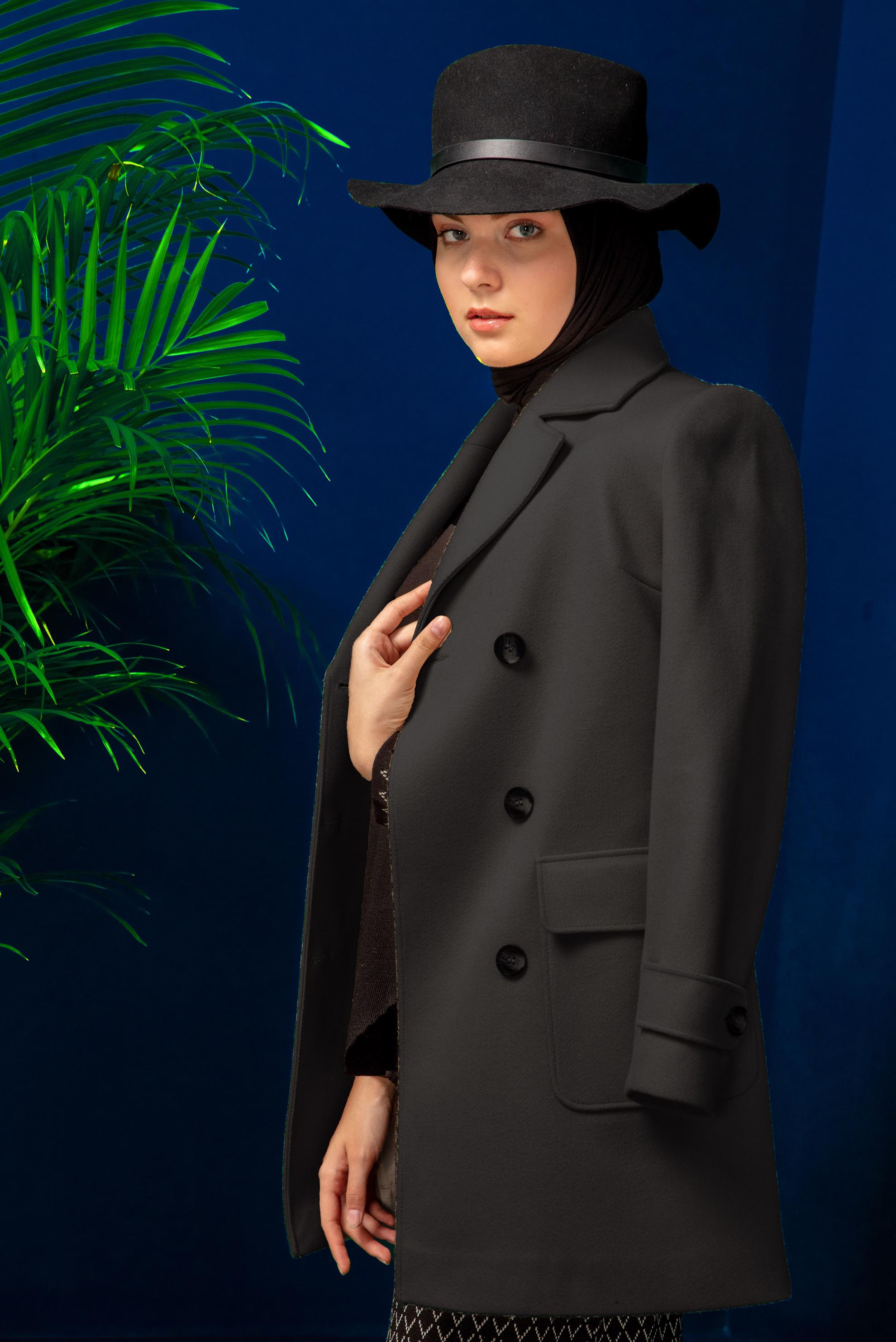 Tesettür giyim SİYAH DÜĞMELİ CEPLİ KLASİK KABAN 90308 