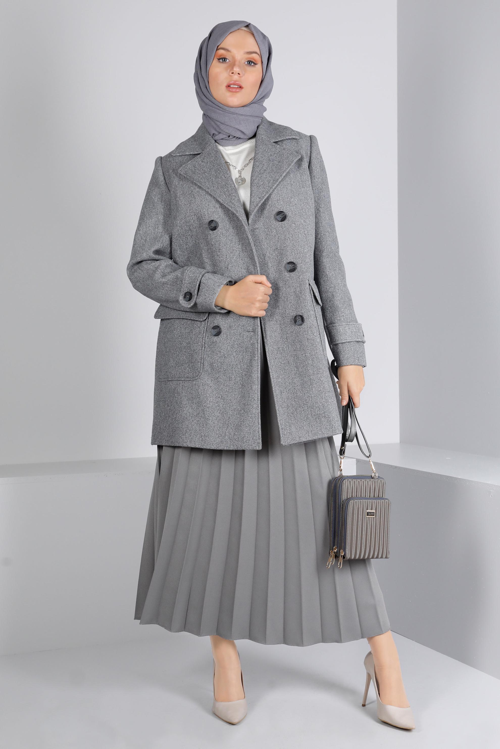 Tesettür giyim GRİ DÜĞMELİ CEPLİ KLASİK KABAN 90308 