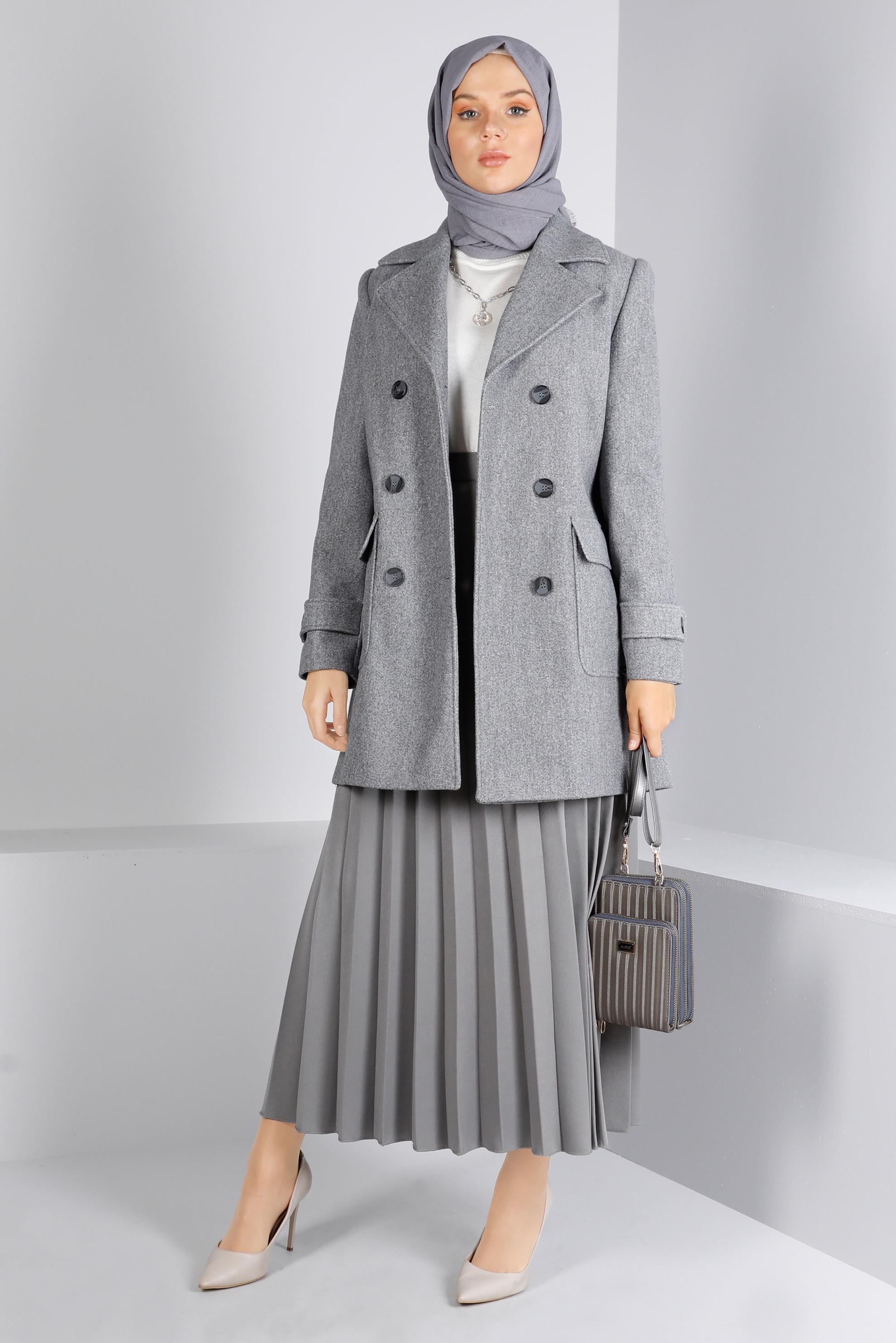 Tesettür giyim GRİ DÜĞMELİ CEPLİ KLASİK KABAN 90308 