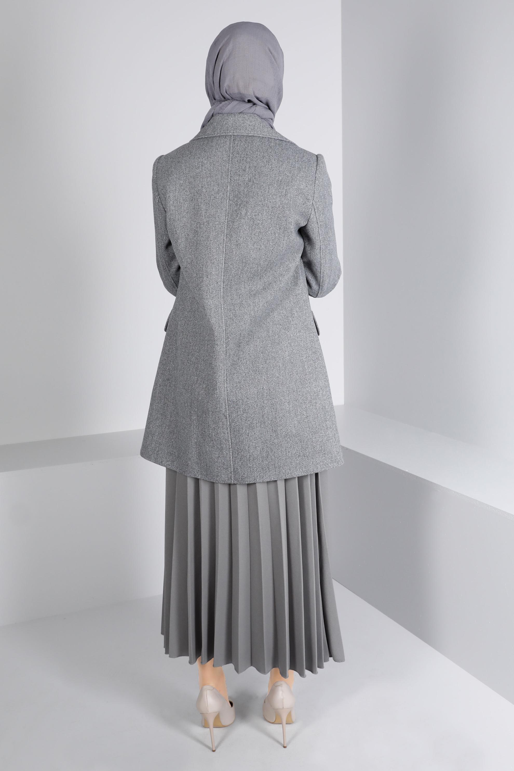 Tesettür giyim GRİ DÜĞMELİ CEPLİ KLASİK KABAN 90308 