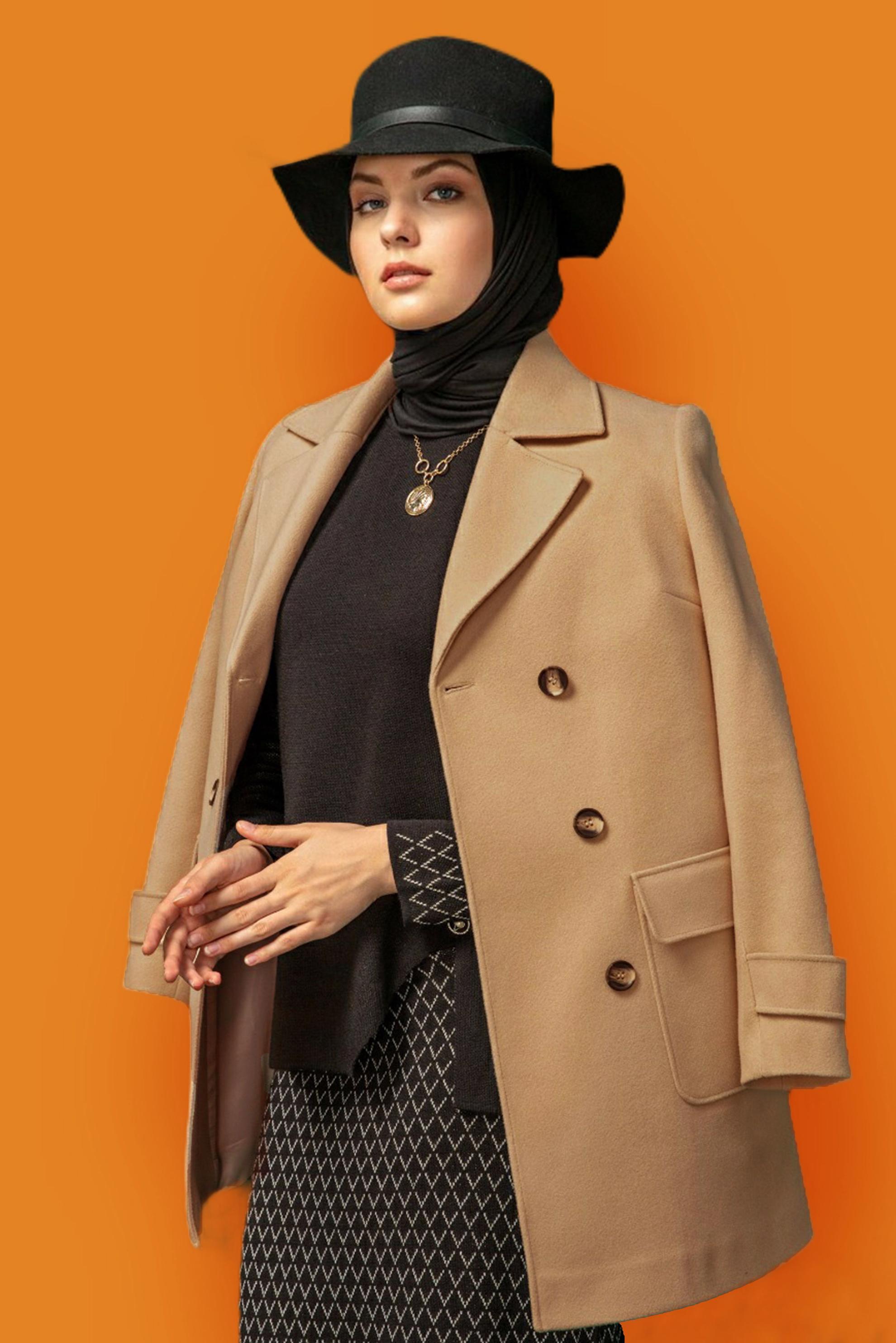Hijab clothing MINK BUTTONED CLASSIC COAT WITH POCKET 90308 