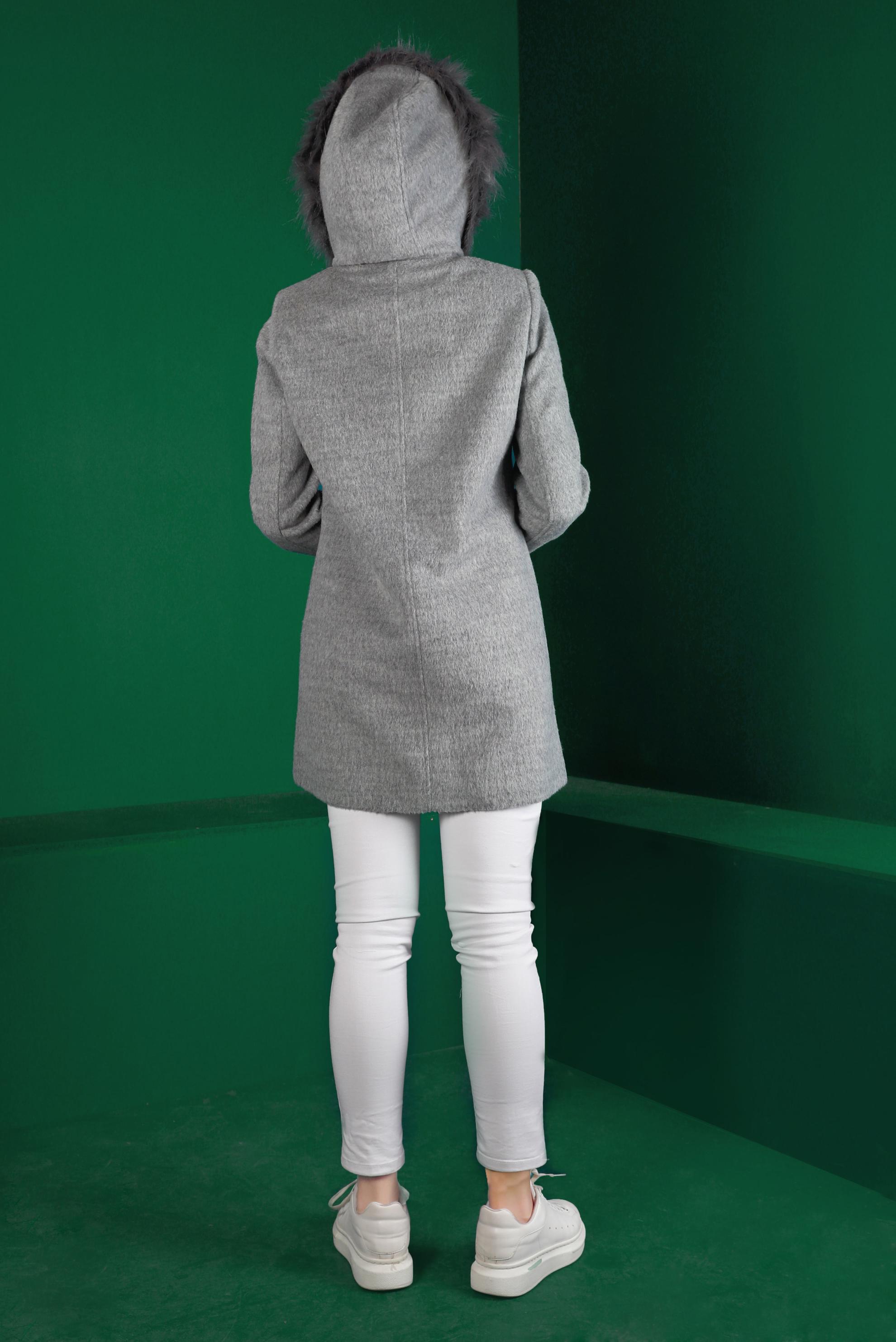 Tesettür giyim GRİ TÜYLÜ KAPÜŞONLU KABAN 90309