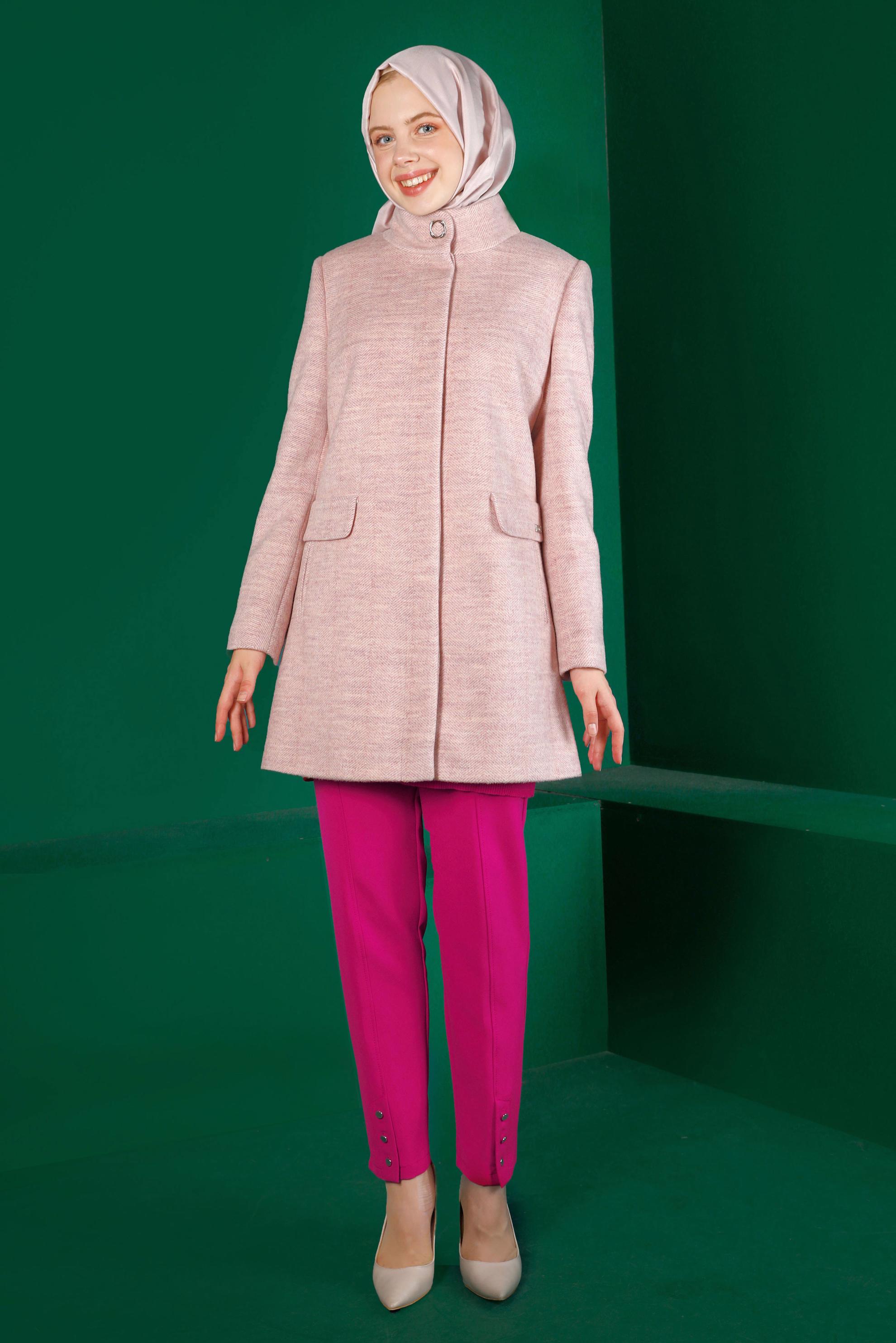 Tesettür giyim PUDRA CEPLİ DİK YAKA KABAN 90310