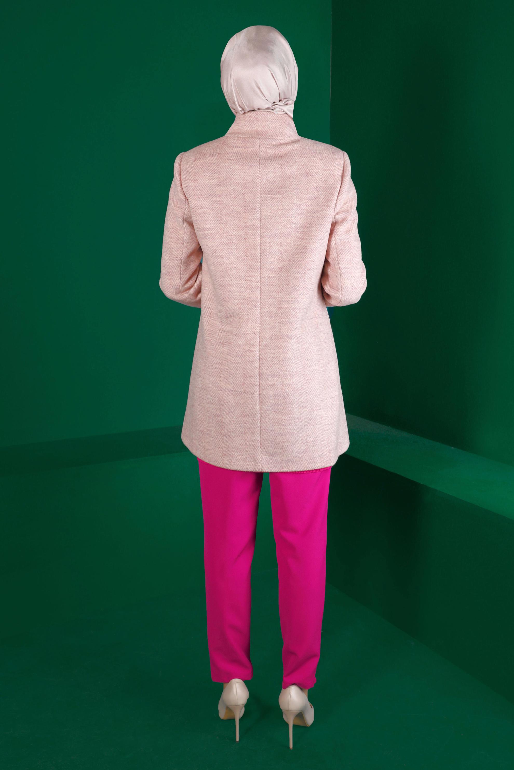 Tesettür giyim PUDRA CEPLİ DİK YAKA KABAN 90310