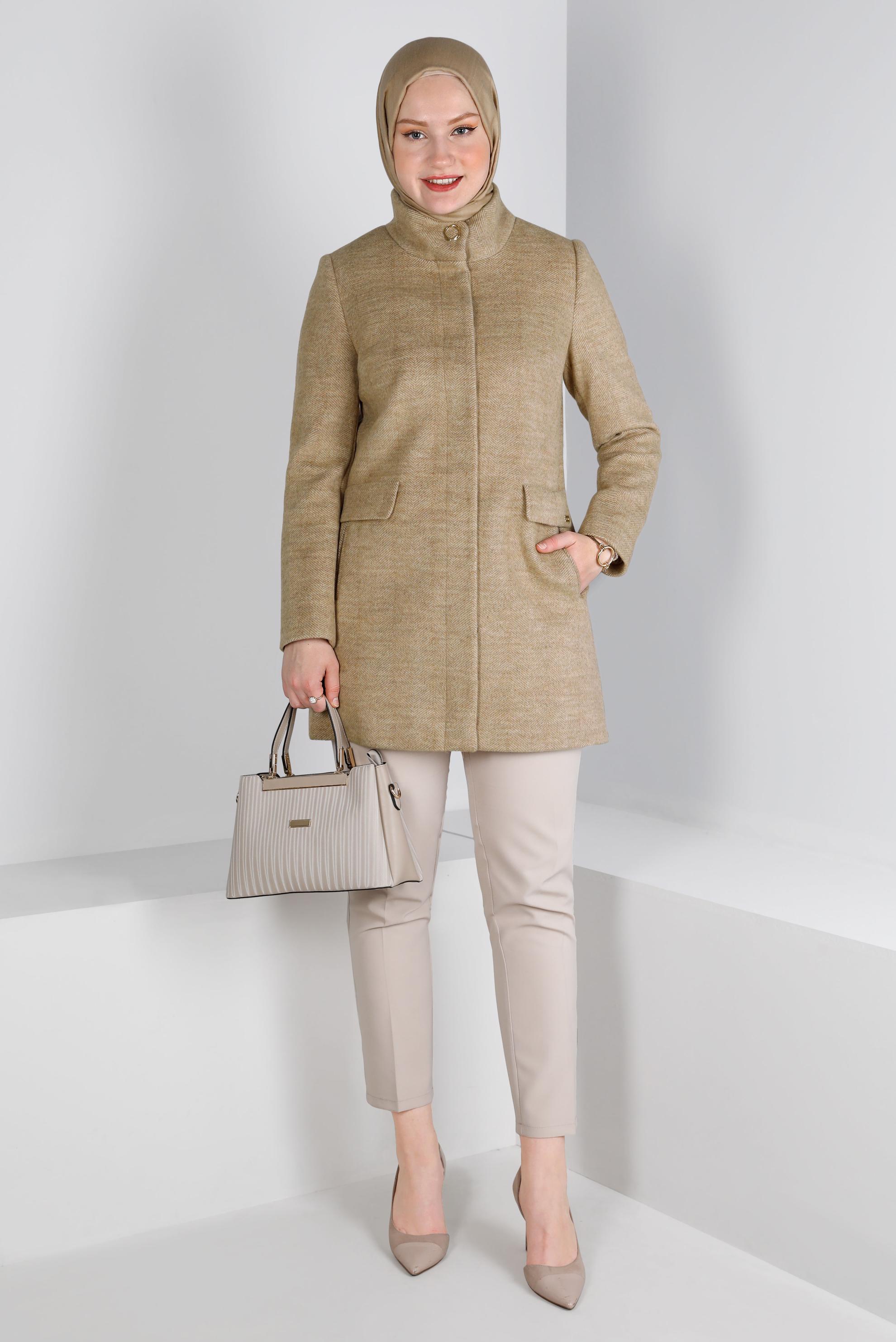 Tesettür giyim VİZON CEPLİ DİK YAKA KABAN 90310