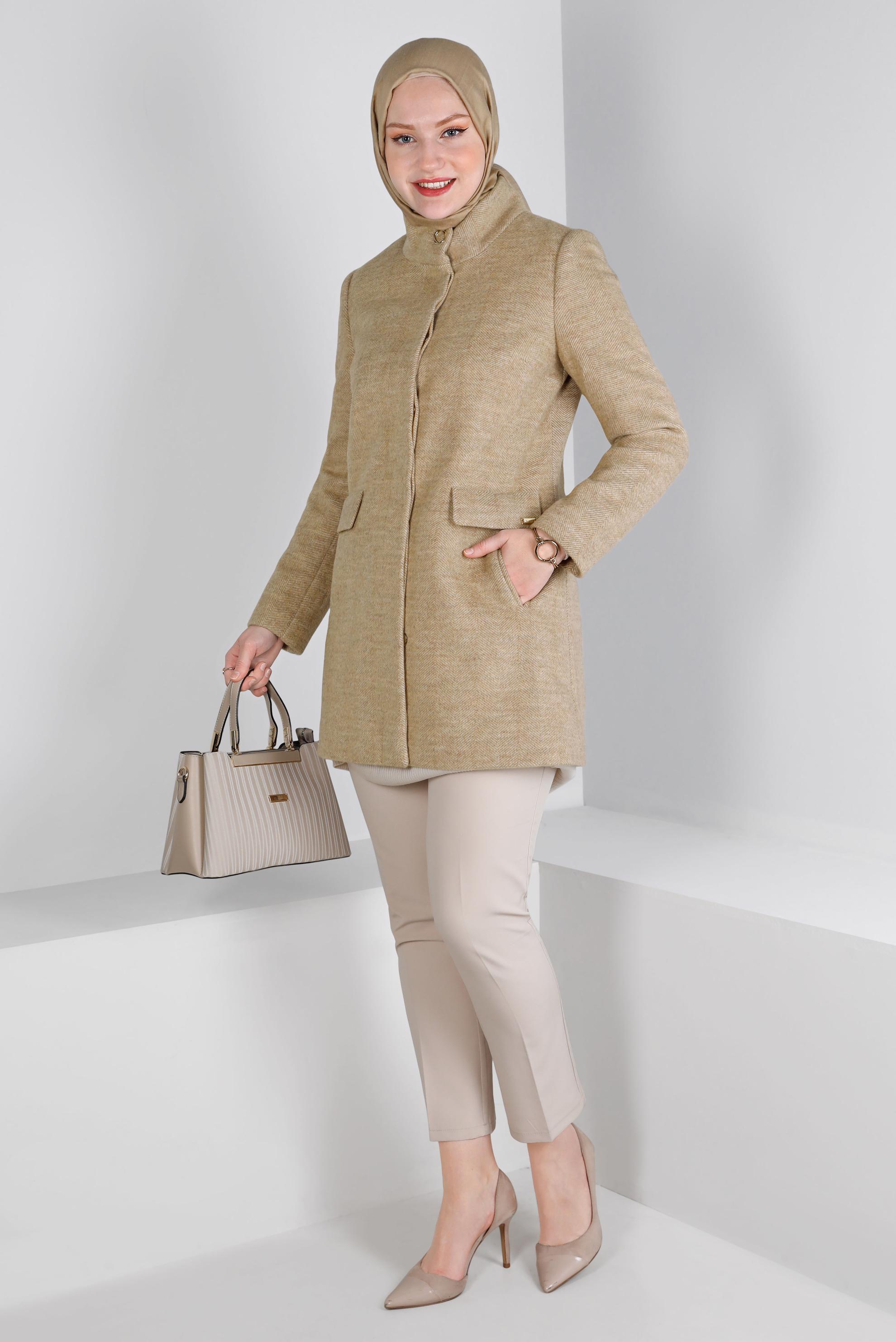 Tesettür giyim VİZON CEPLİ DİK YAKA KABAN 90310