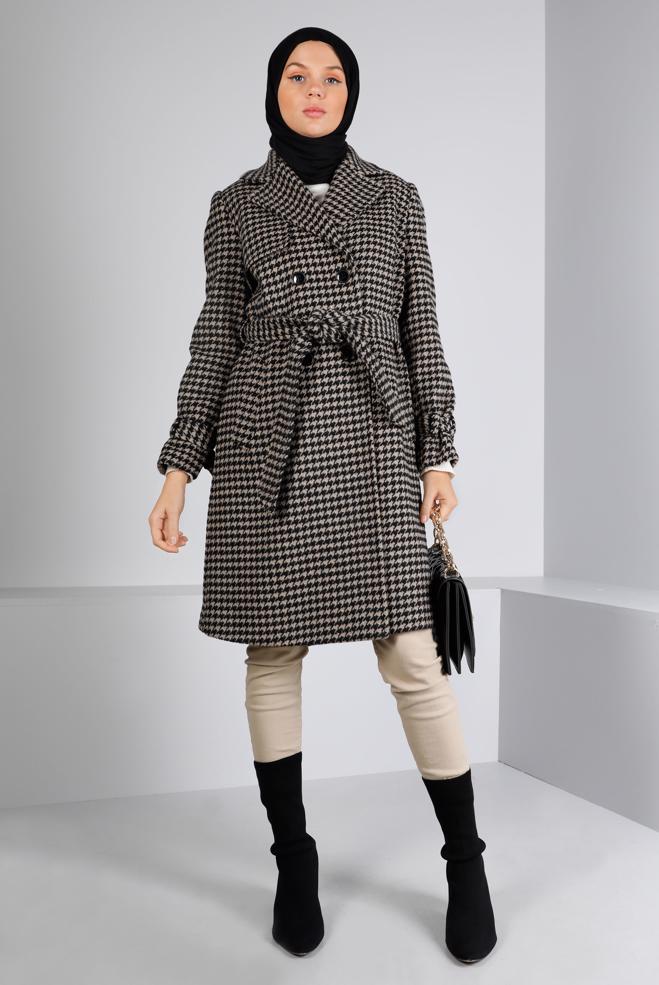 Vêtements hijab BEIGE MANTEAU PIED-DE-POULE TEXTURÉ AVEC CEINTURE 90312 - ALVİNA