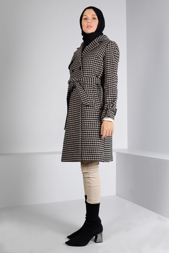 Vêtements hijab BEIGE MANTEAU PIED-DE-POULE TEXTURÉ AVEC CEINTURE 90312 - ALVİNA