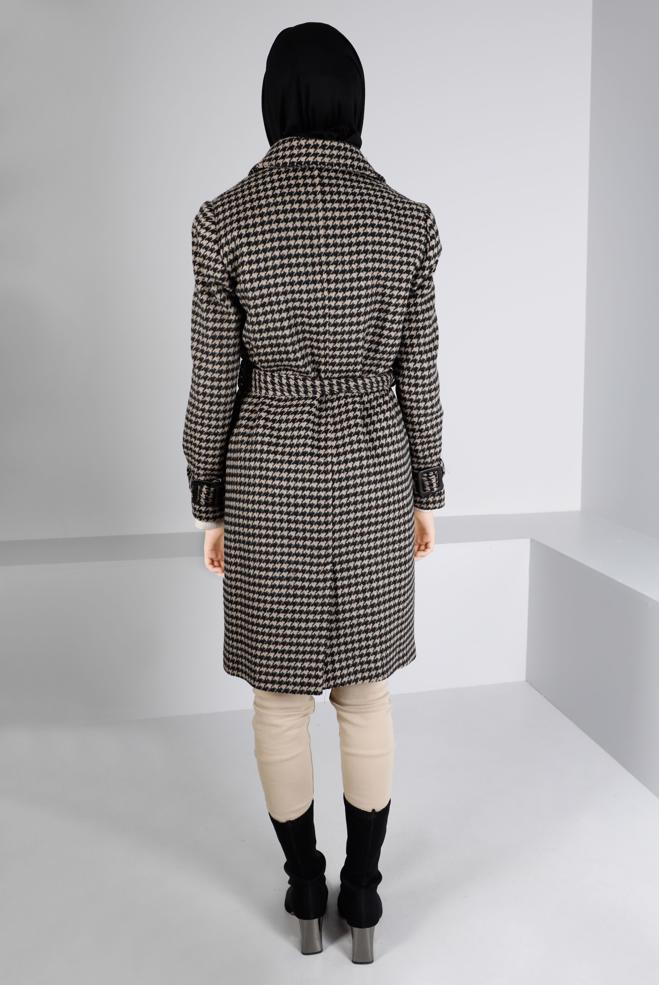 Vêtements hijab BEIGE MANTEAU PIED-DE-POULE TEXTURÉ AVEC CEINTURE 90312 - ALVİNA