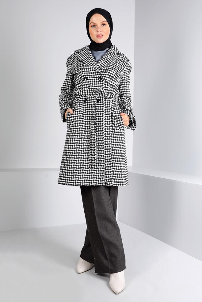 Tesettür giyim  KAZAYAĞI DESENLİ KUŞAKLI KABAN 90312  - ALVİNA