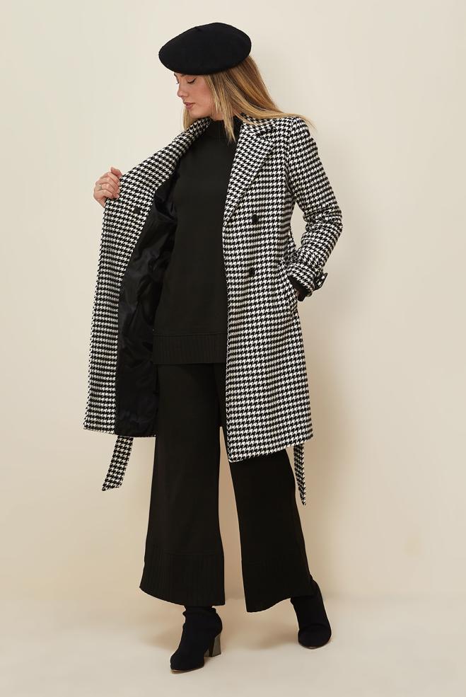 Hijab clothing BLACK HOUNDSTOOTH TEXTURED BELTED COAT 90312  - ALVİNA