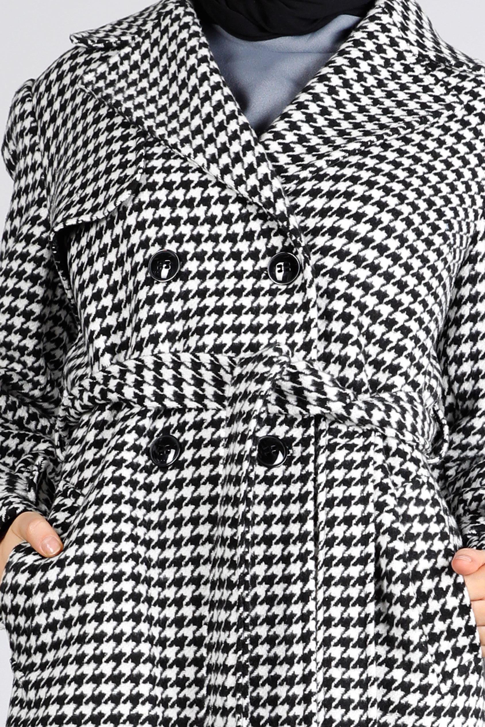 Tesettür giyim SİYAH KAZAYAĞI DESENLİ KUŞAKLI KABAN 90312 