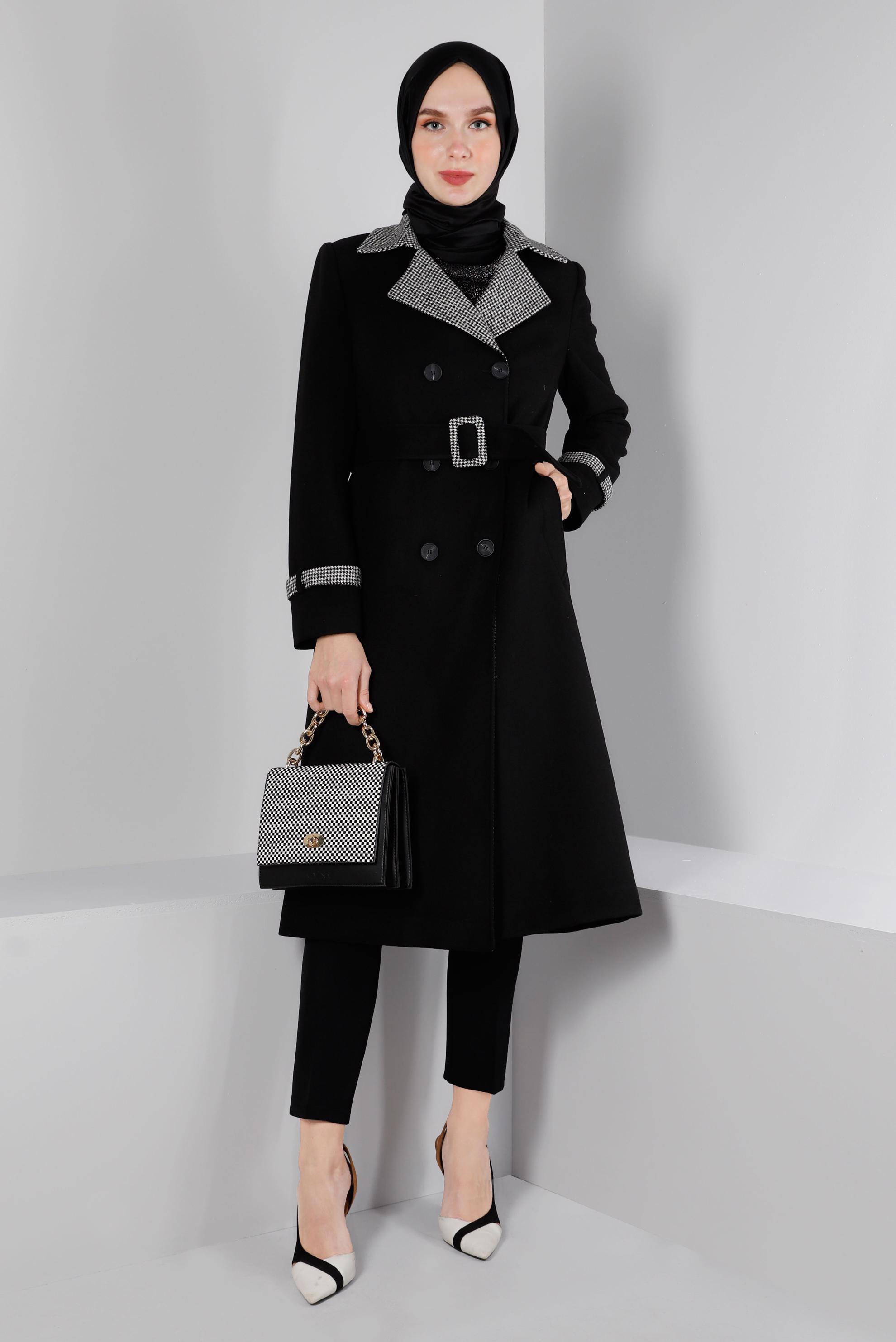 Vêtements hijab NOIR MANTEAU PIED-DE-POULE TEXTURÉ AVEC CEINTURE 90313