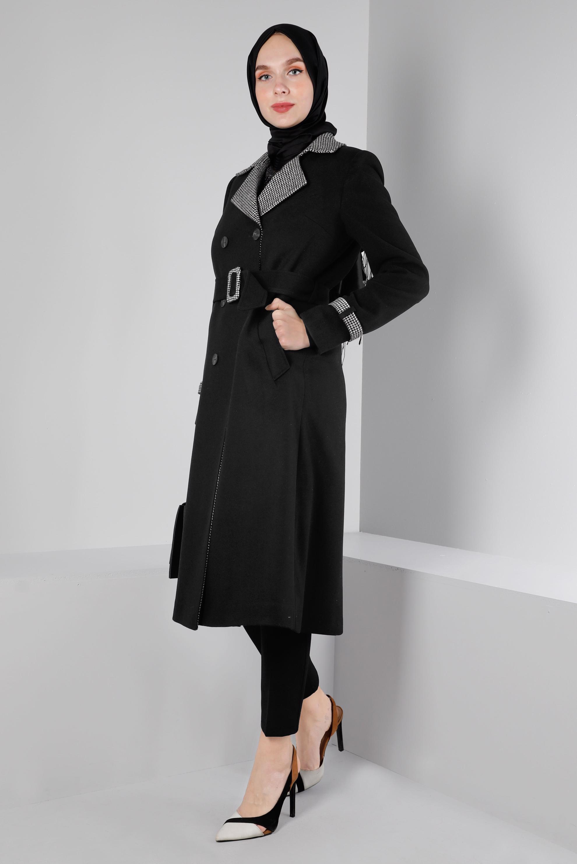 Vêtements hijab NOIR MANTEAU PIED-DE-POULE TEXTURÉ AVEC CEINTURE 90313