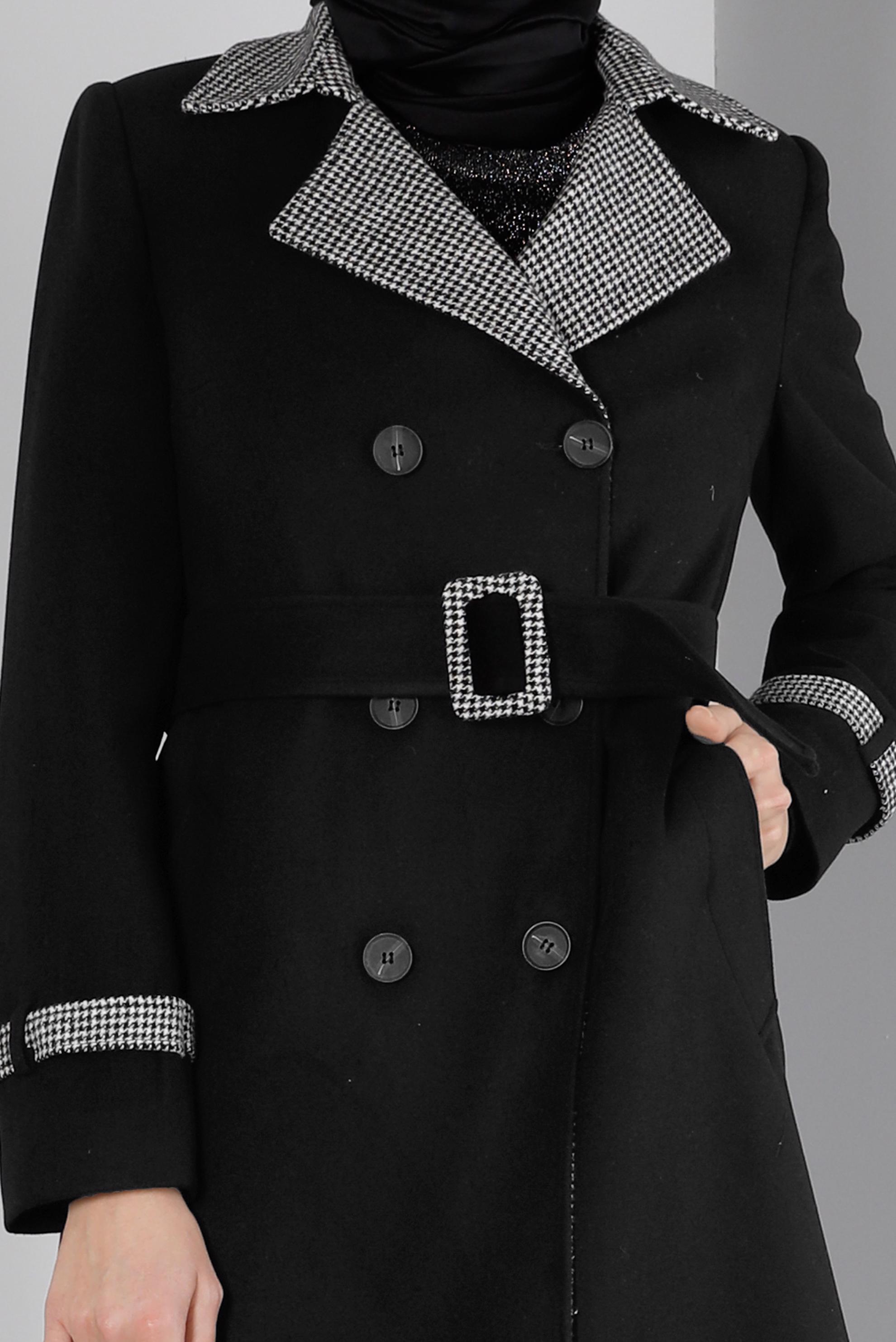 Vêtements hijab NOIR MANTEAU PIED-DE-POULE TEXTURÉ AVEC CEINTURE 90313