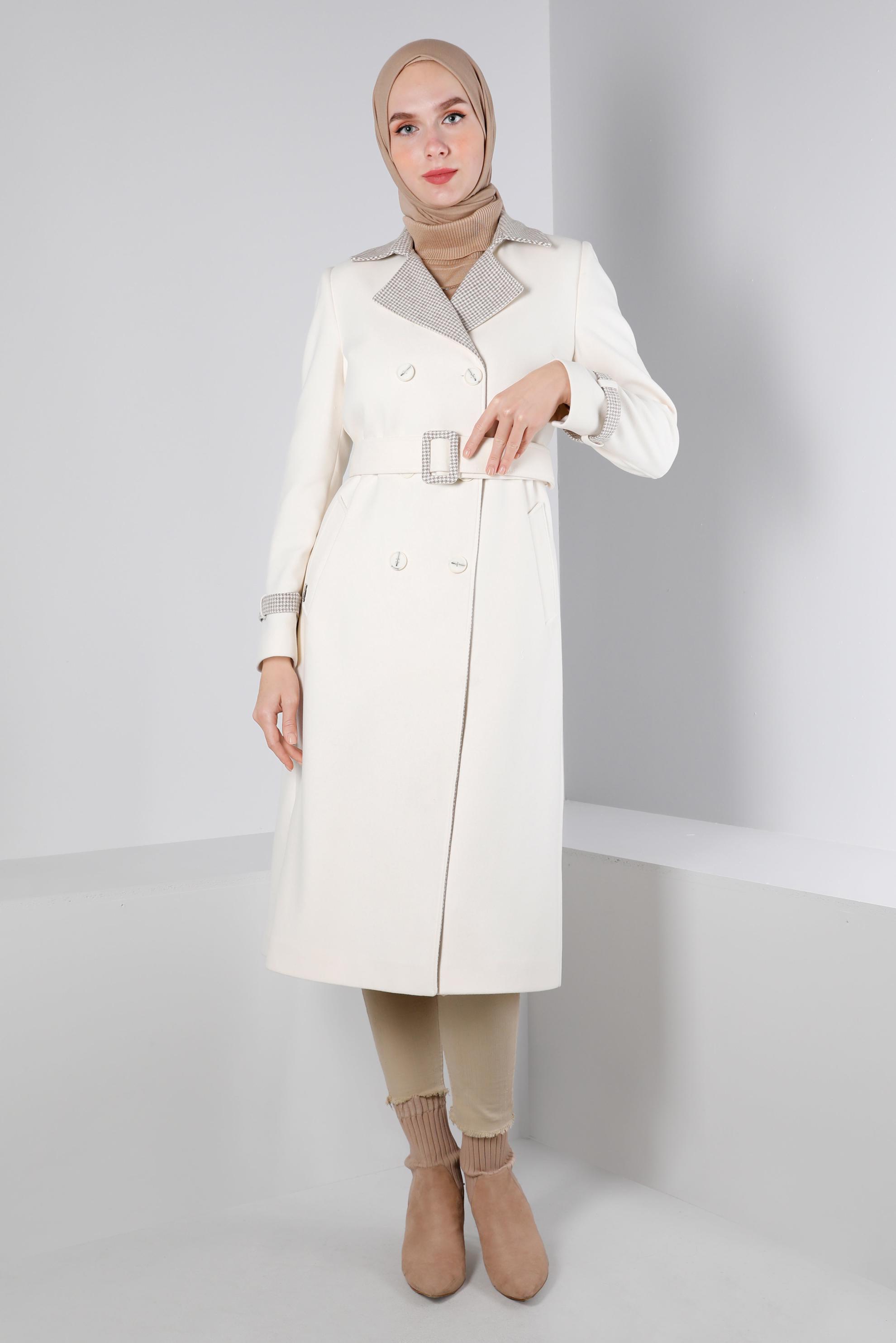 Vêtements hijab BLANC MANTEAU PIED-DE-POULE TEXTURÉ AVEC CEINTURE 90313