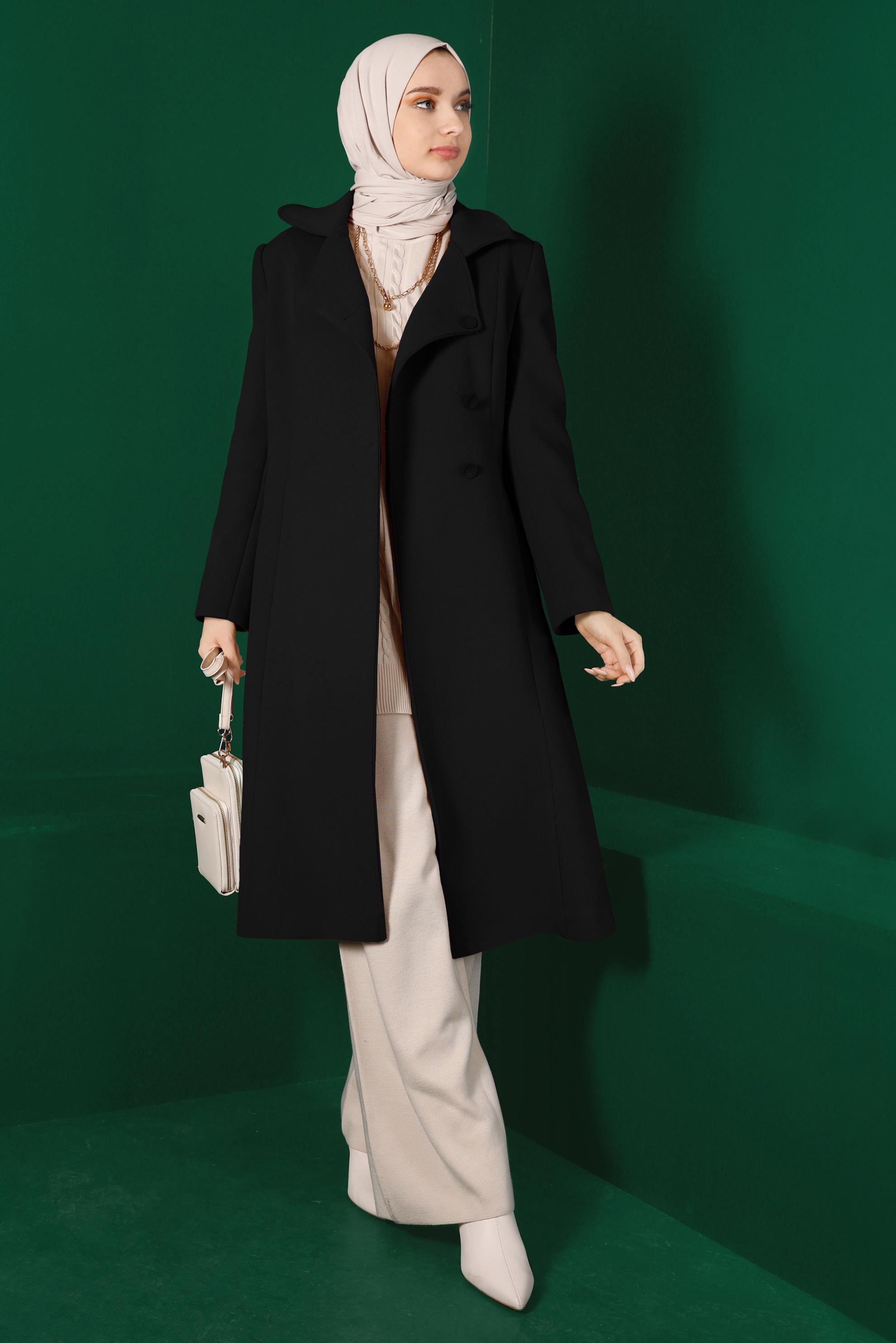 Tesettür giyim SİYAH KEMERLİ KAŞE KABAN 90315 