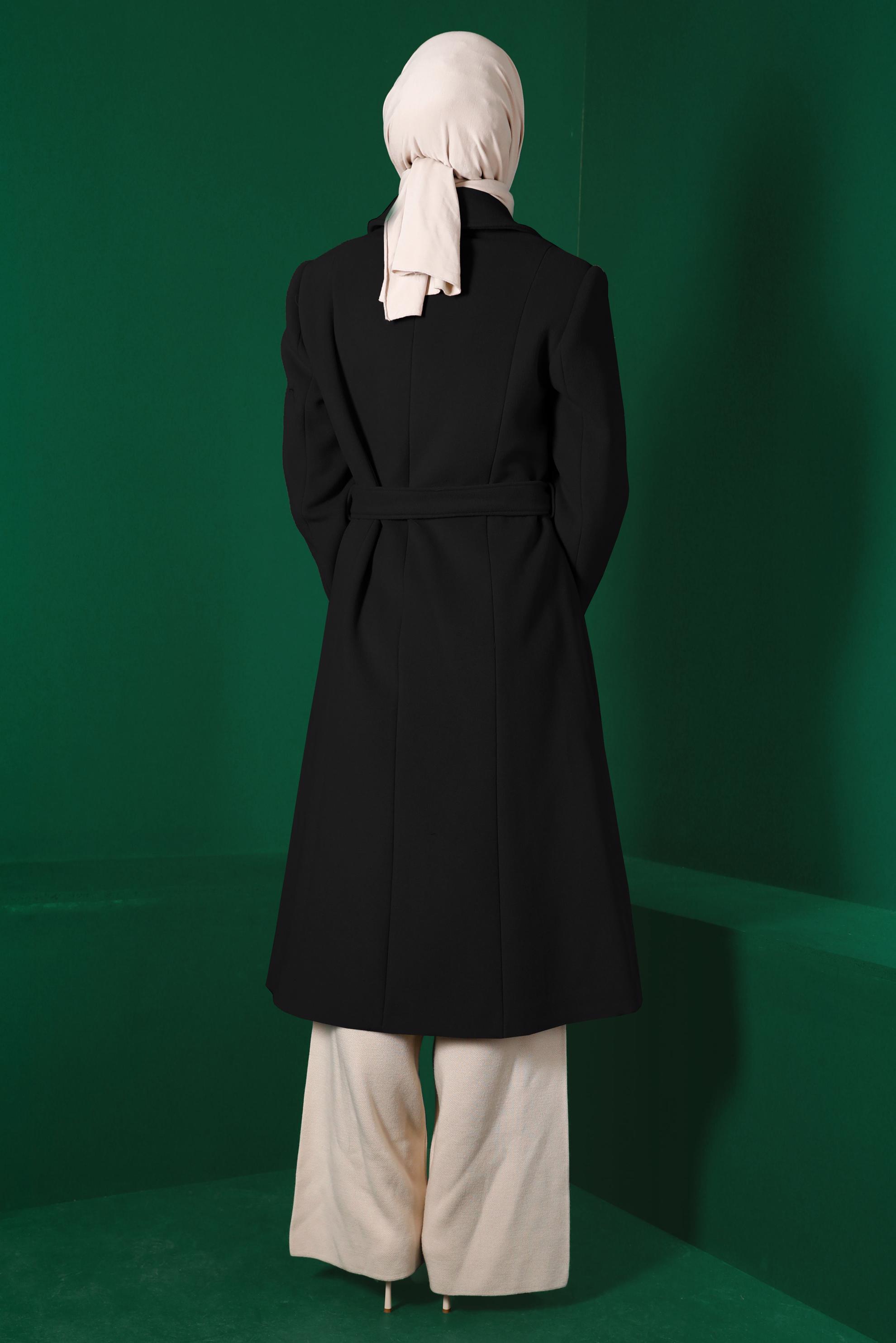 Tesettür giyim SİYAH KEMERLİ KAŞE KABAN 90315 