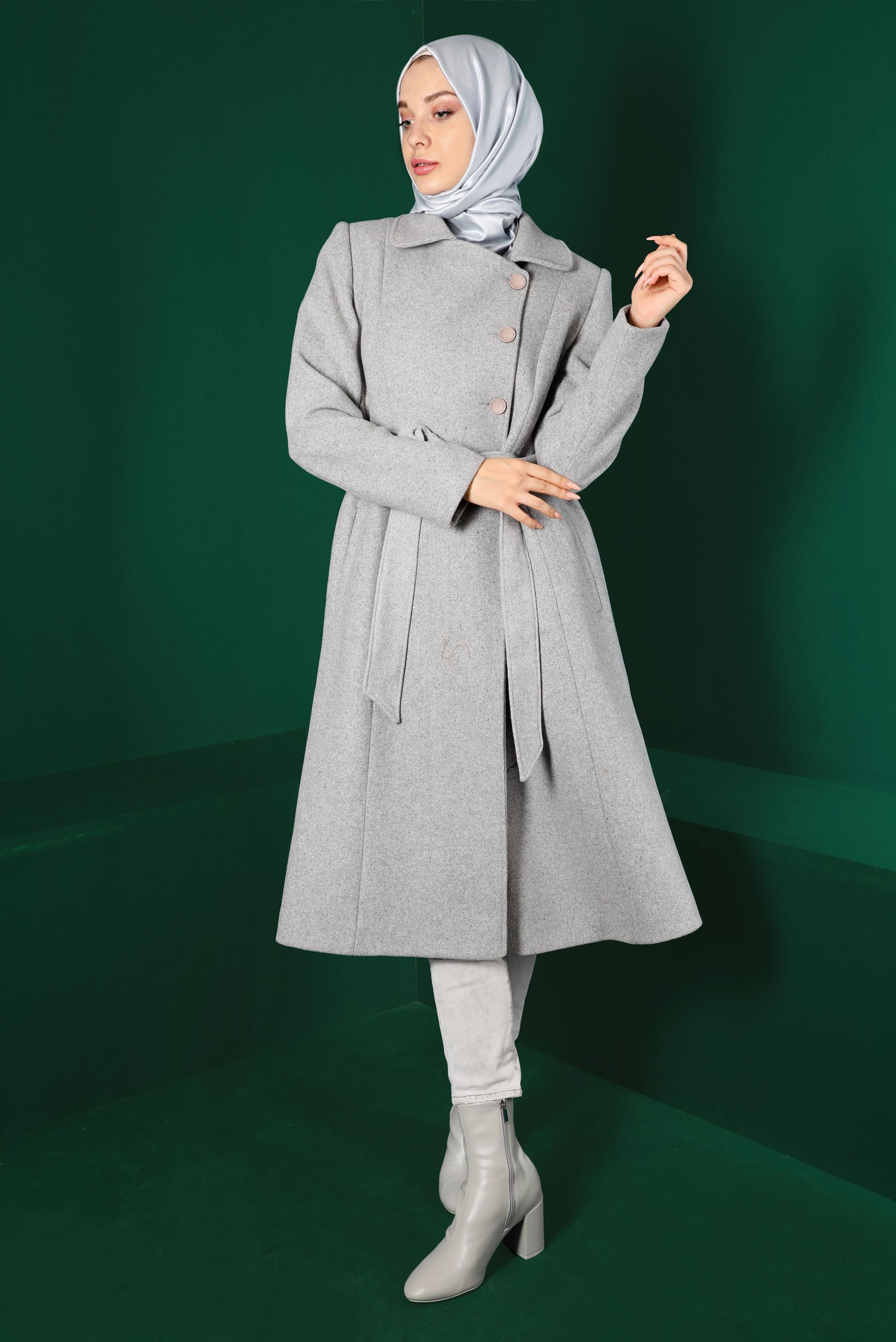 Tesettür giyim GRİ KEMERLİ KAŞE KABAN 90315 