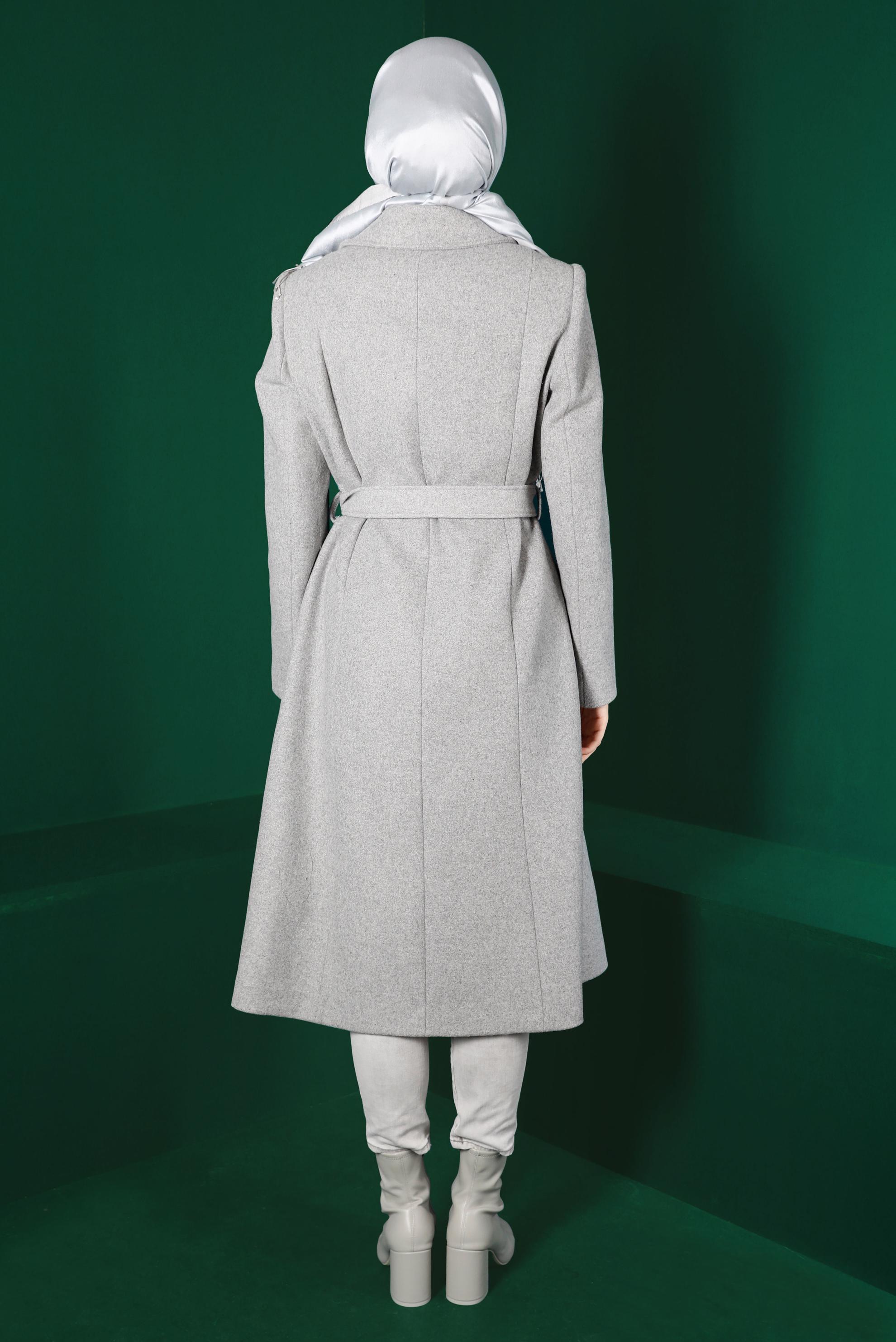 Tesettür giyim GRİ KEMERLİ KAŞE KABAN 90315 