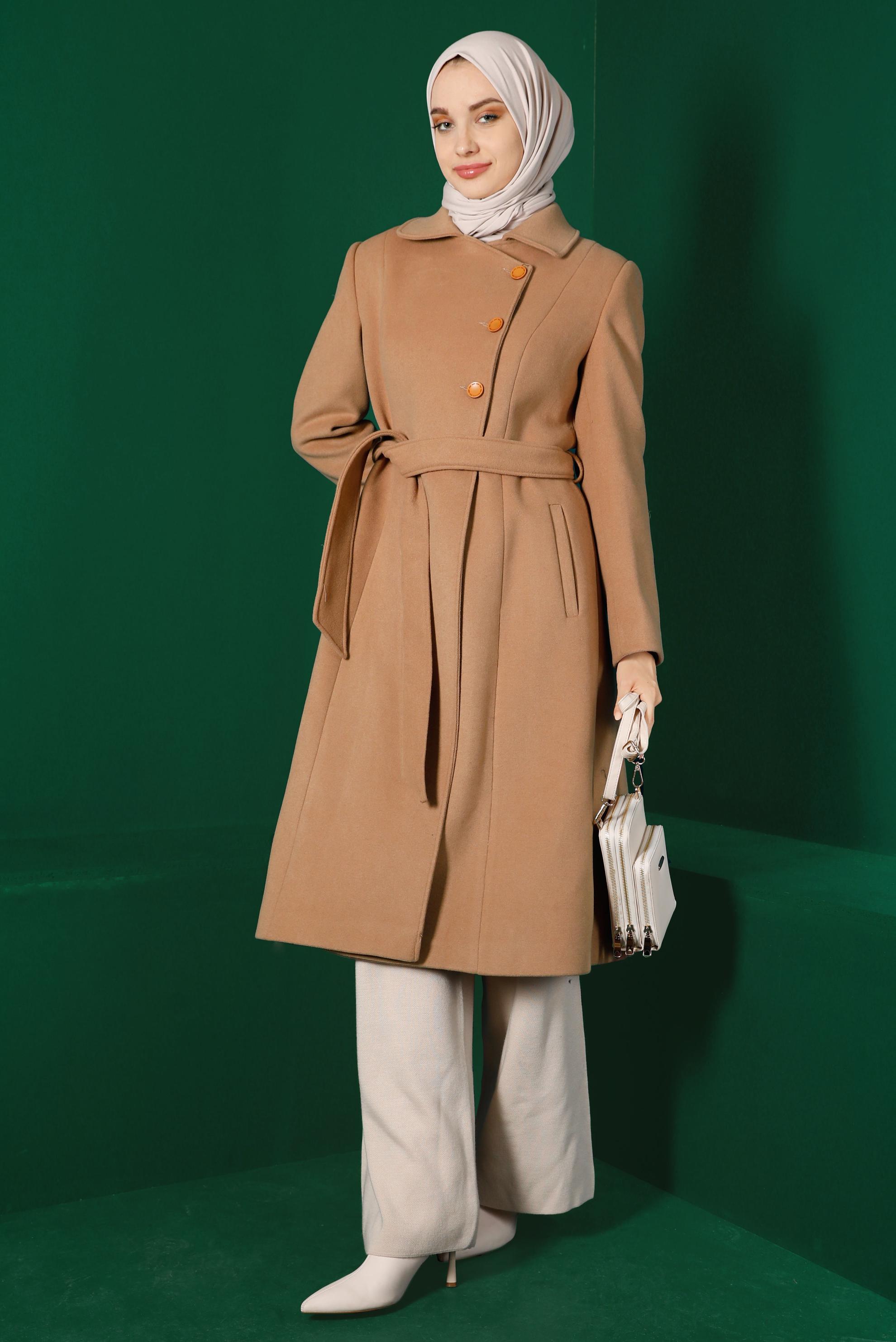 Tesettür giyim KAHVE KEMERLİ KAŞE KABAN 90315 