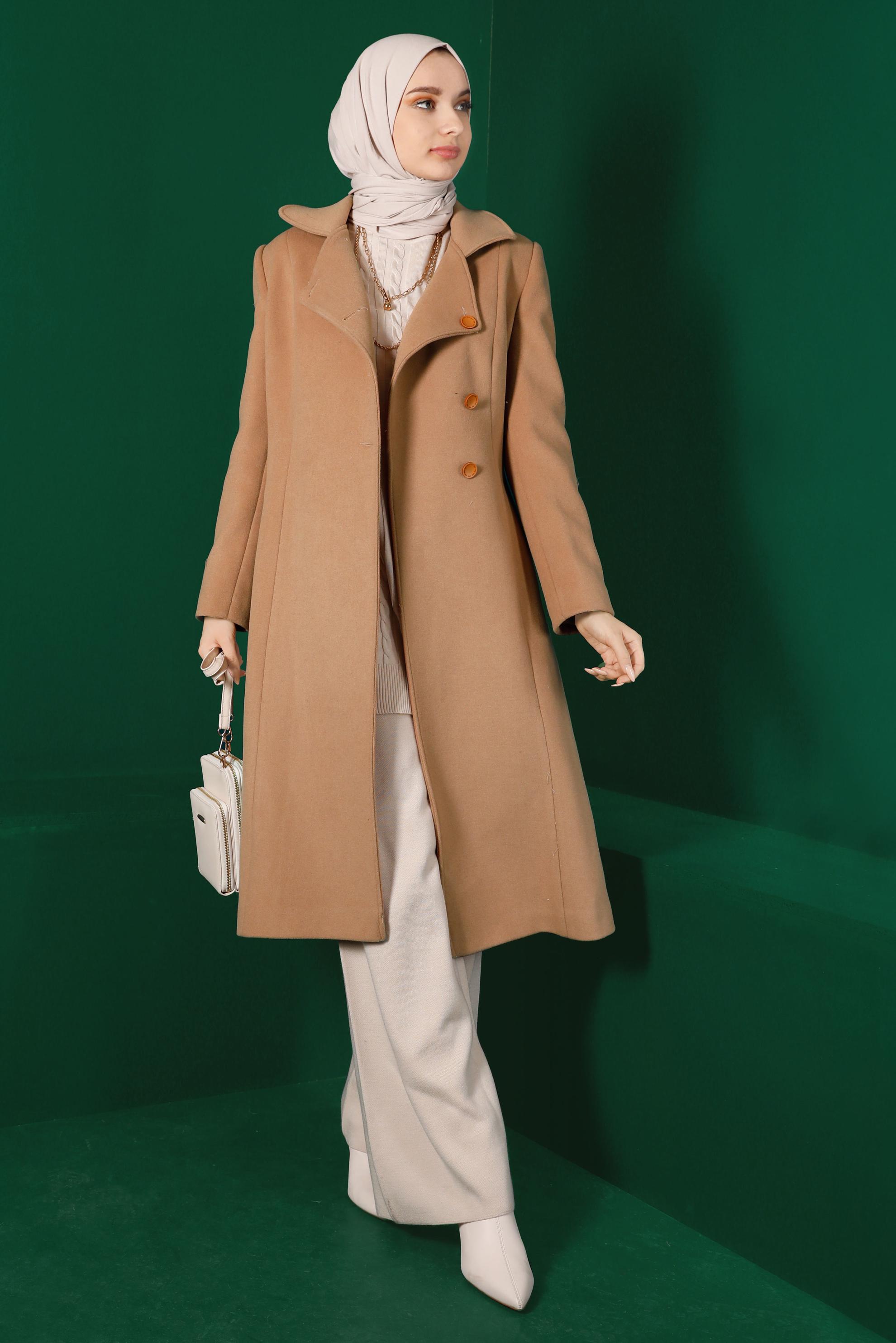 Tesettür giyim KAHVE KEMERLİ KAŞE KABAN 90315 