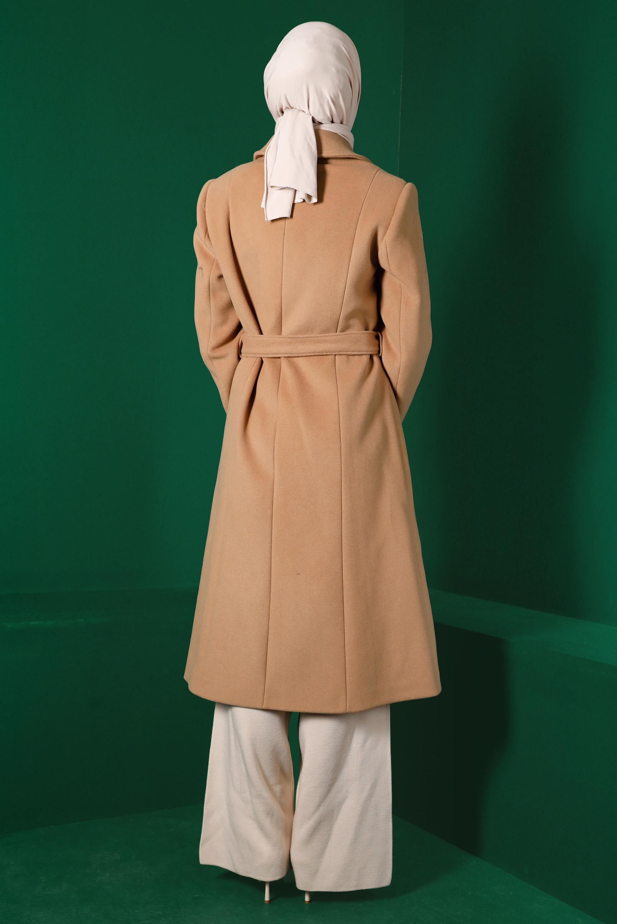 Tesettür giyim KAHVE KEMERLİ KAŞE KABAN 90315 