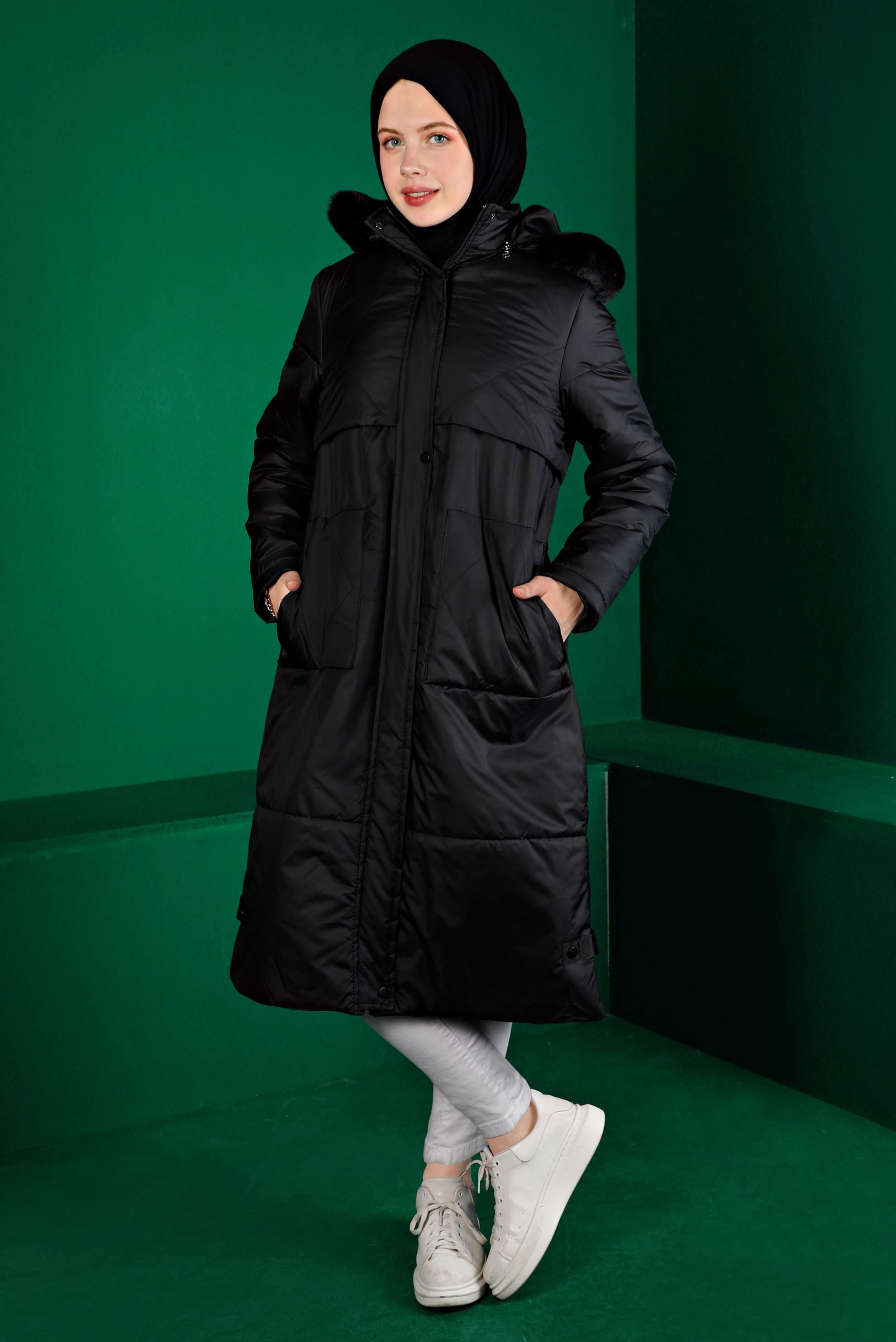 Tesettür giyim SİYAH KAPÜŞONLU FERMUARLI ŞİŞME KABAN 90317