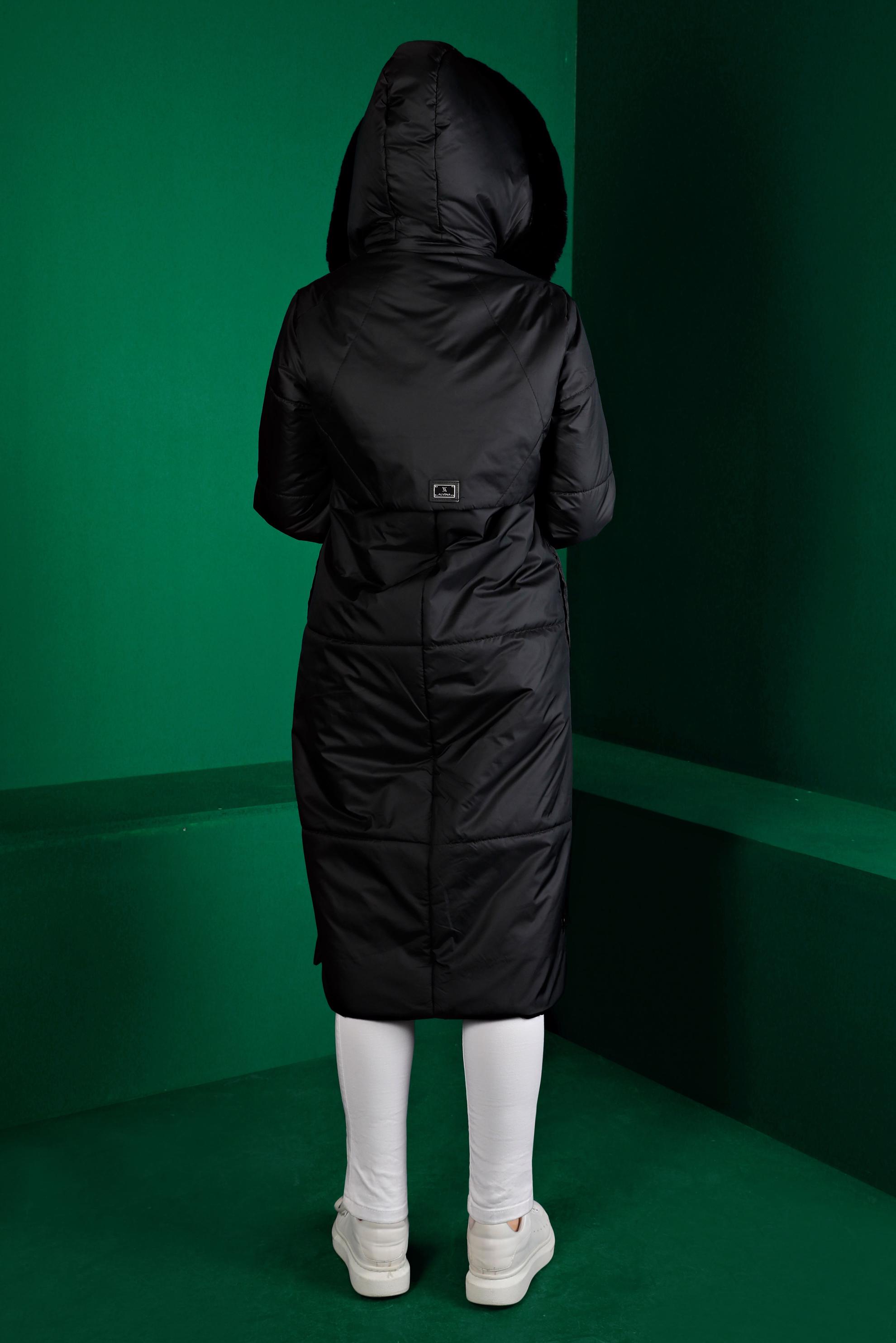 Tesettür giyim SİYAH KAPÜŞONLU FERMUARLI ŞİŞME KABAN 90317